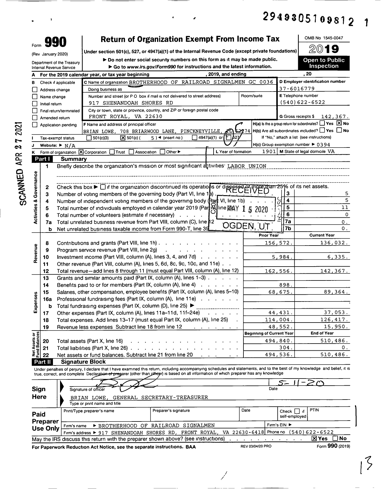 Image of first page of 2019 Form 990O for Brotherhood of Railroad Signalmen - 36 Illinois Central Gulf Gen Com