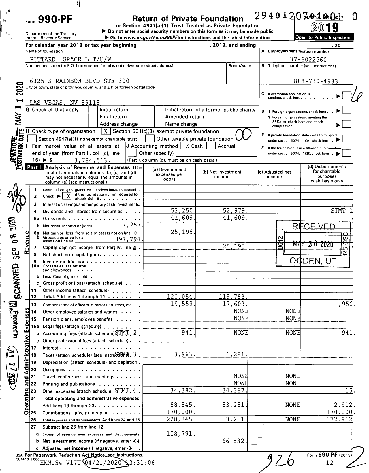 Image of first page of 2019 Form 990PR for Pittard Grace L Tuw