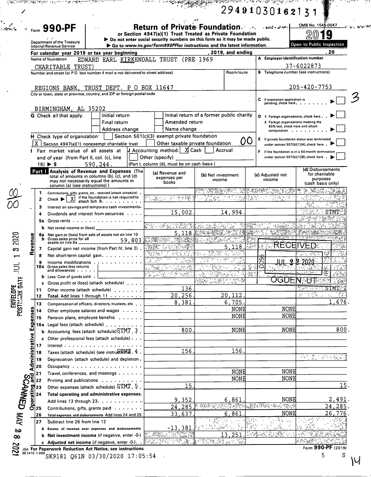 Image of first page of 2019 Form 990PF for Edward Earl Kirkendall Trust (Pre 1969)