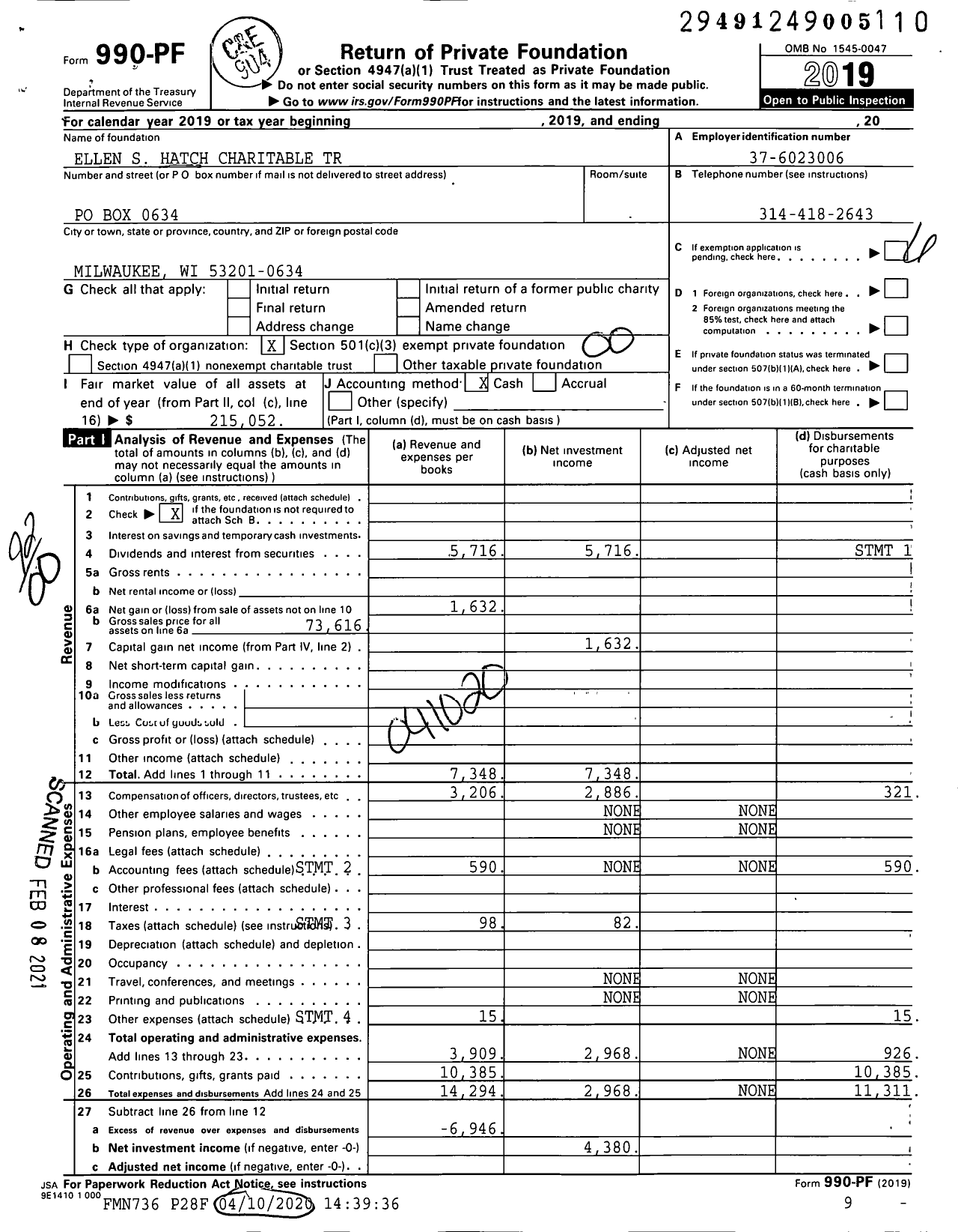 Image of first page of 2019 Form 990PF for Ellen S Hatch Charitable Trust