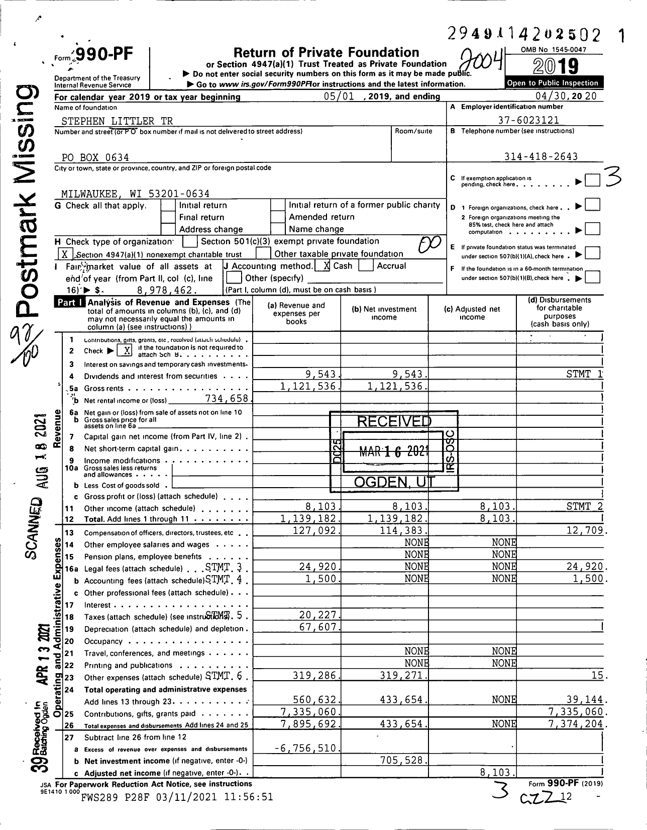 Image of first page of 2019 Form 990PF for Stephen Littler Trust