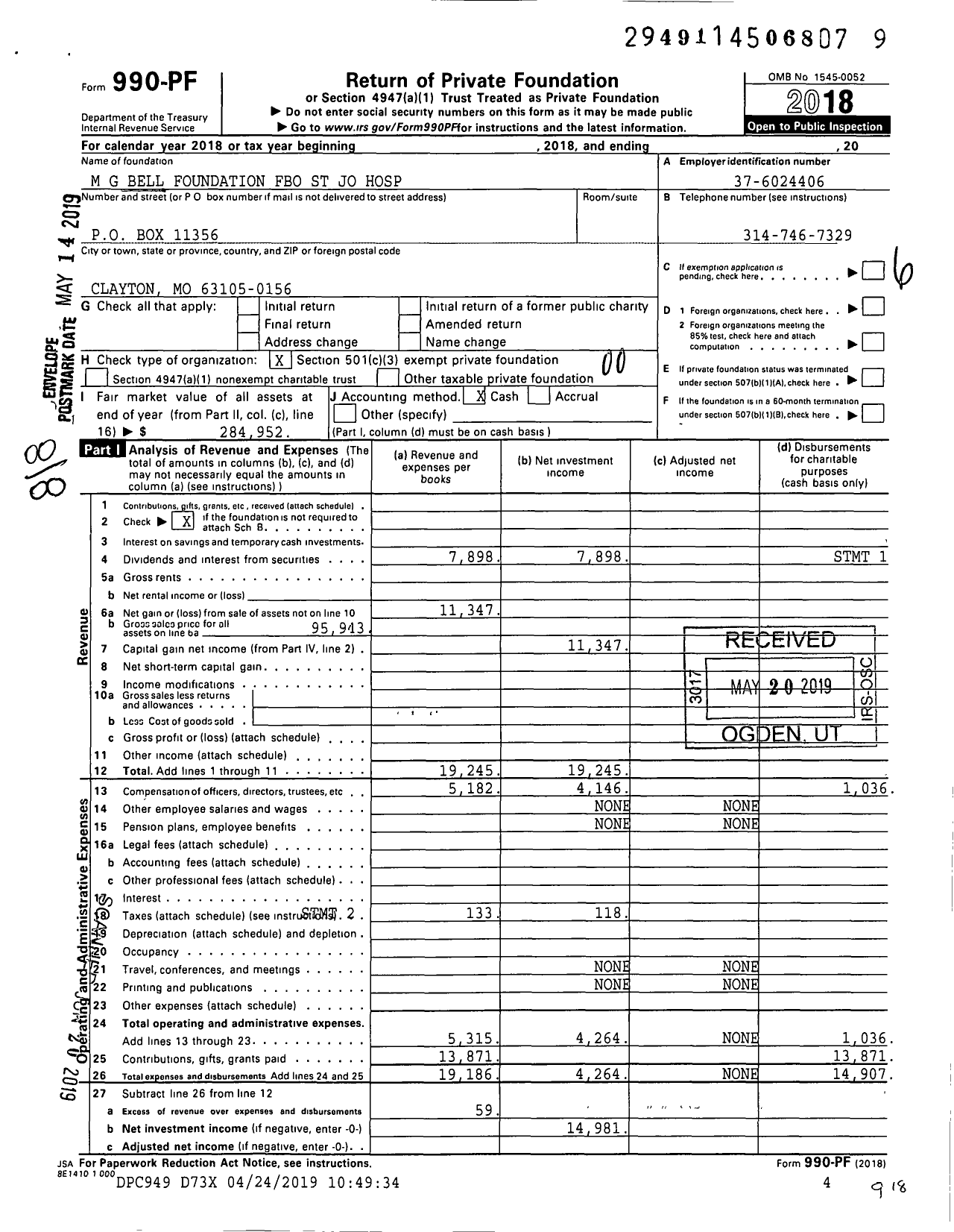 Image of first page of 2018 Form 990PF for M G Bell Foundation Fbo St Jo Hospital