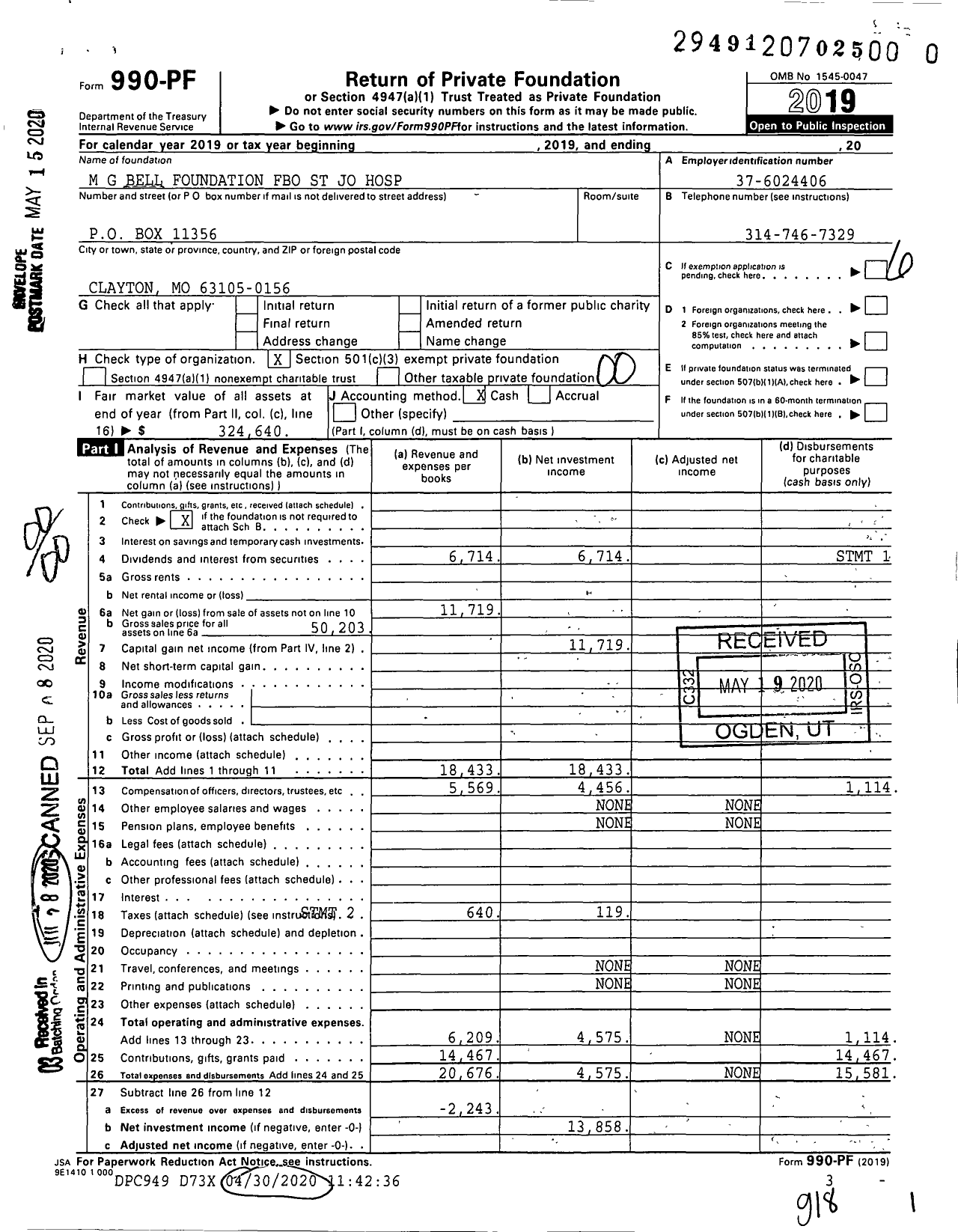 Image of first page of 2019 Form 990PR for M G Bell Foundation Fbo St Jo Hospital