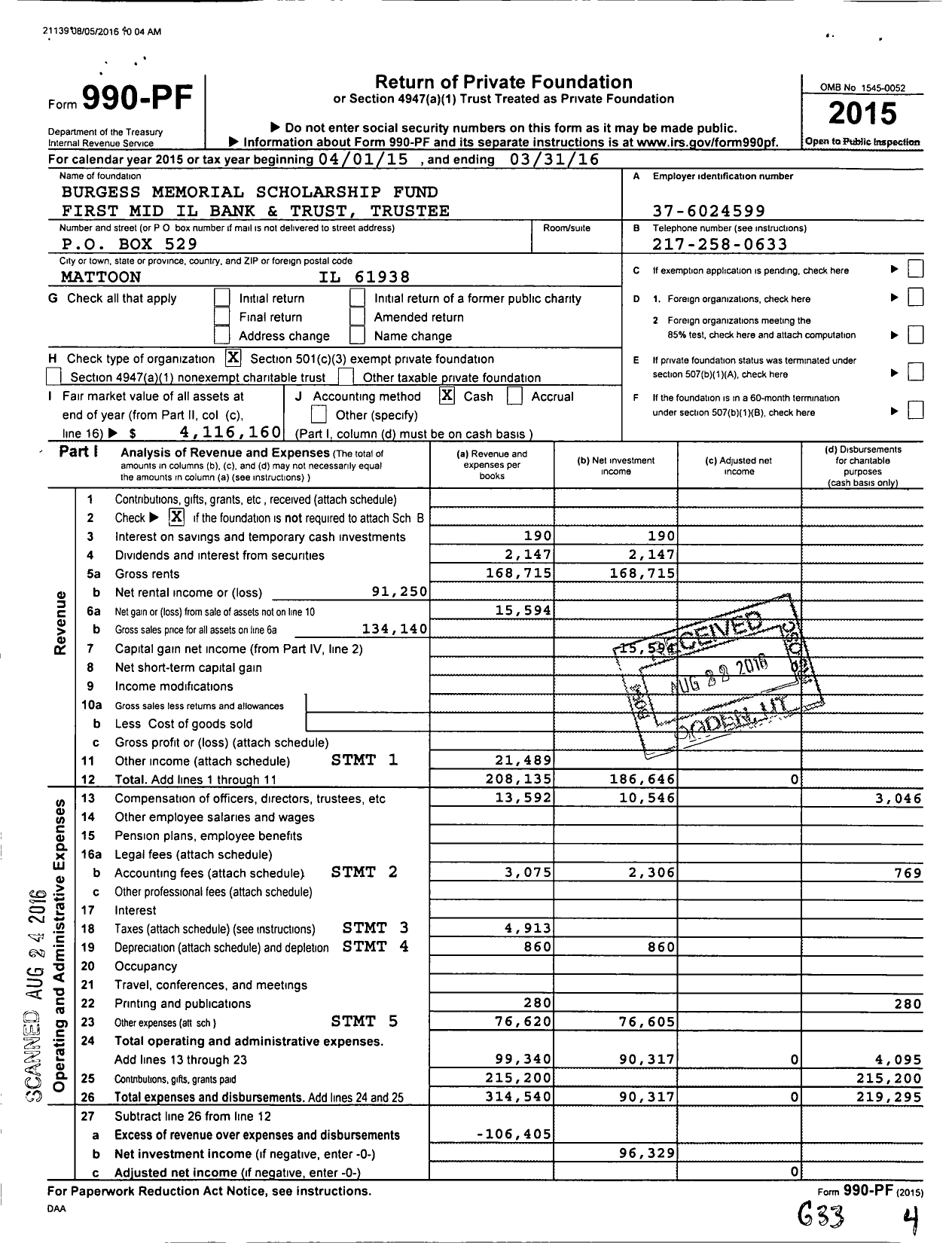 Image of first page of 2015 Form 990PF for Burgess Memorial Scholarship Fund First Mid Wealth Management Company