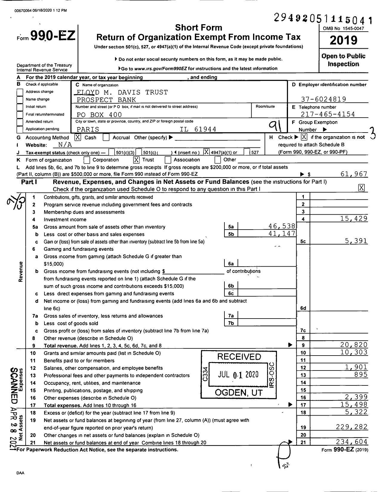 Image of first page of 2019 Form 990EO for Floyd M Davis Trust Prospect Bank