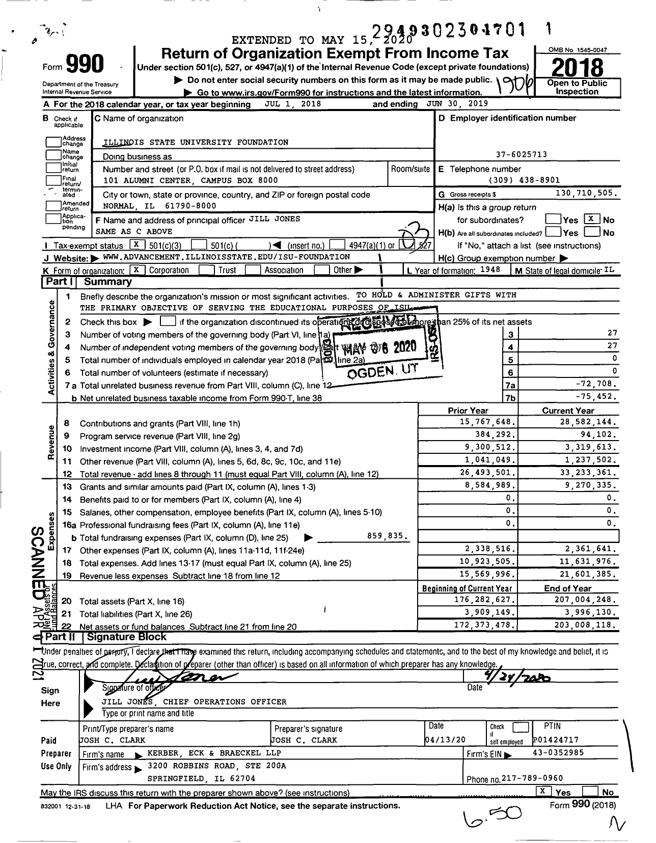 Image of first page of 2018 Form 990 for Illinois State University Foundation