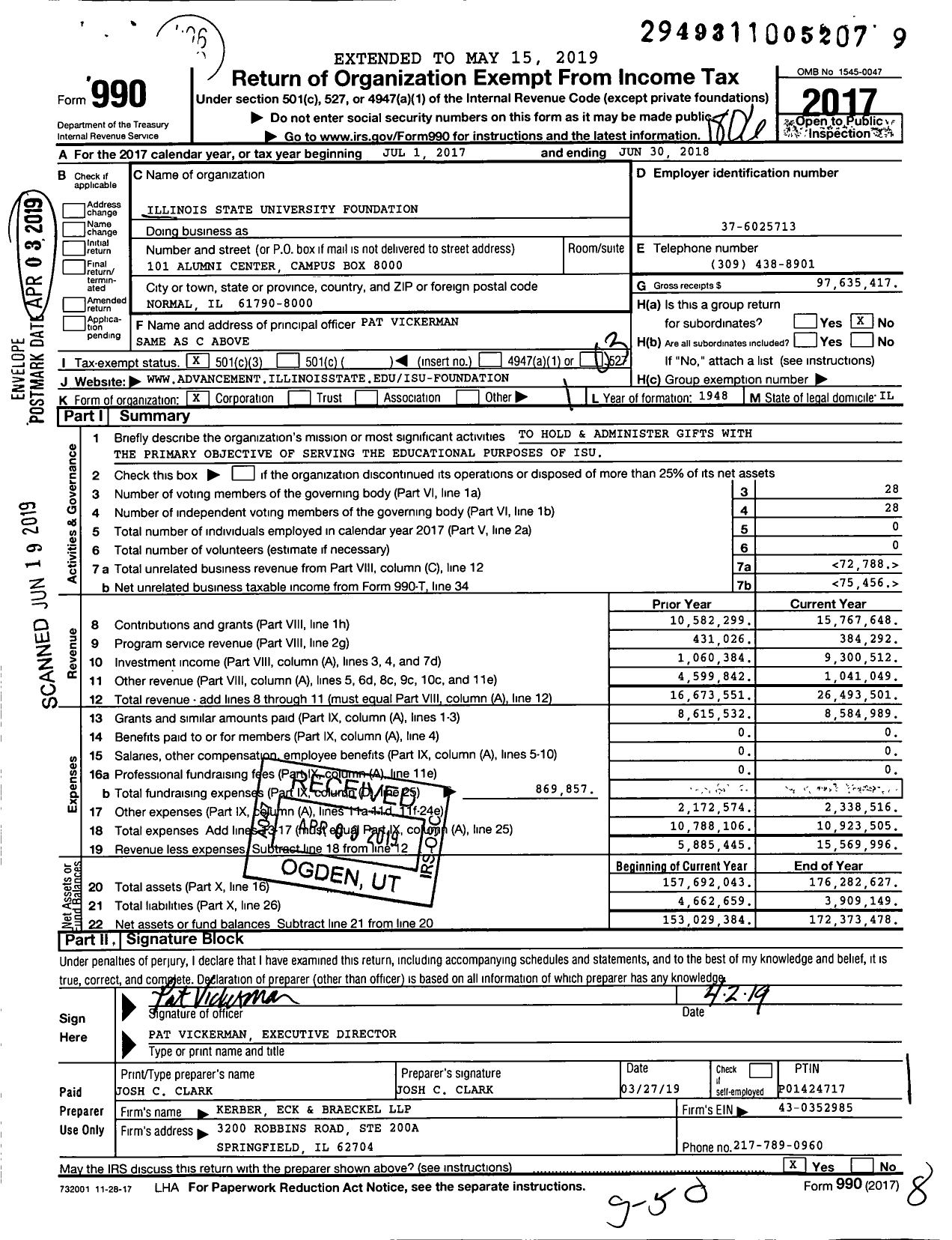 Image of first page of 2017 Form 990 for Illinois State University Foundation