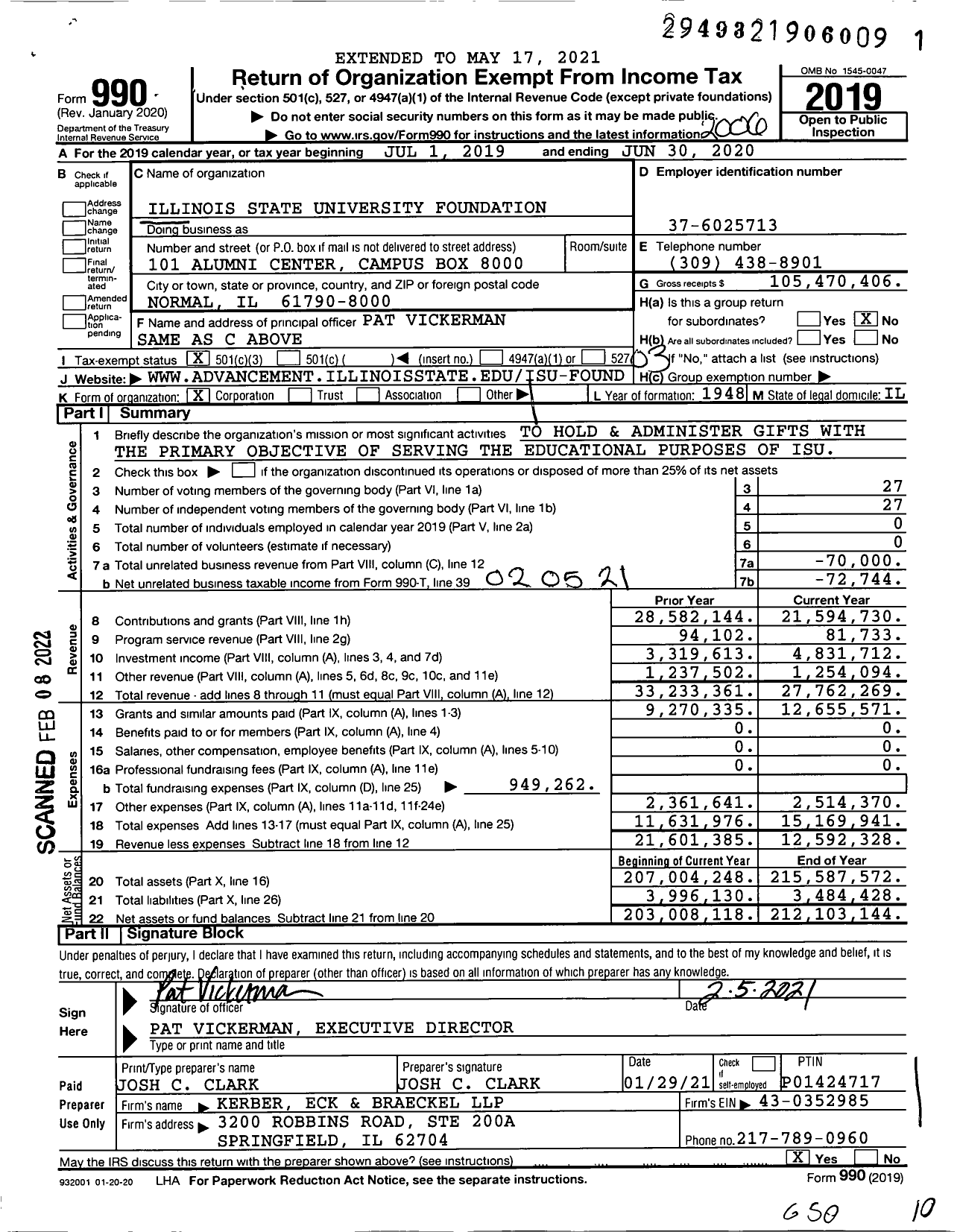 Image of first page of 2019 Form 990 for Illinois State University Foundation