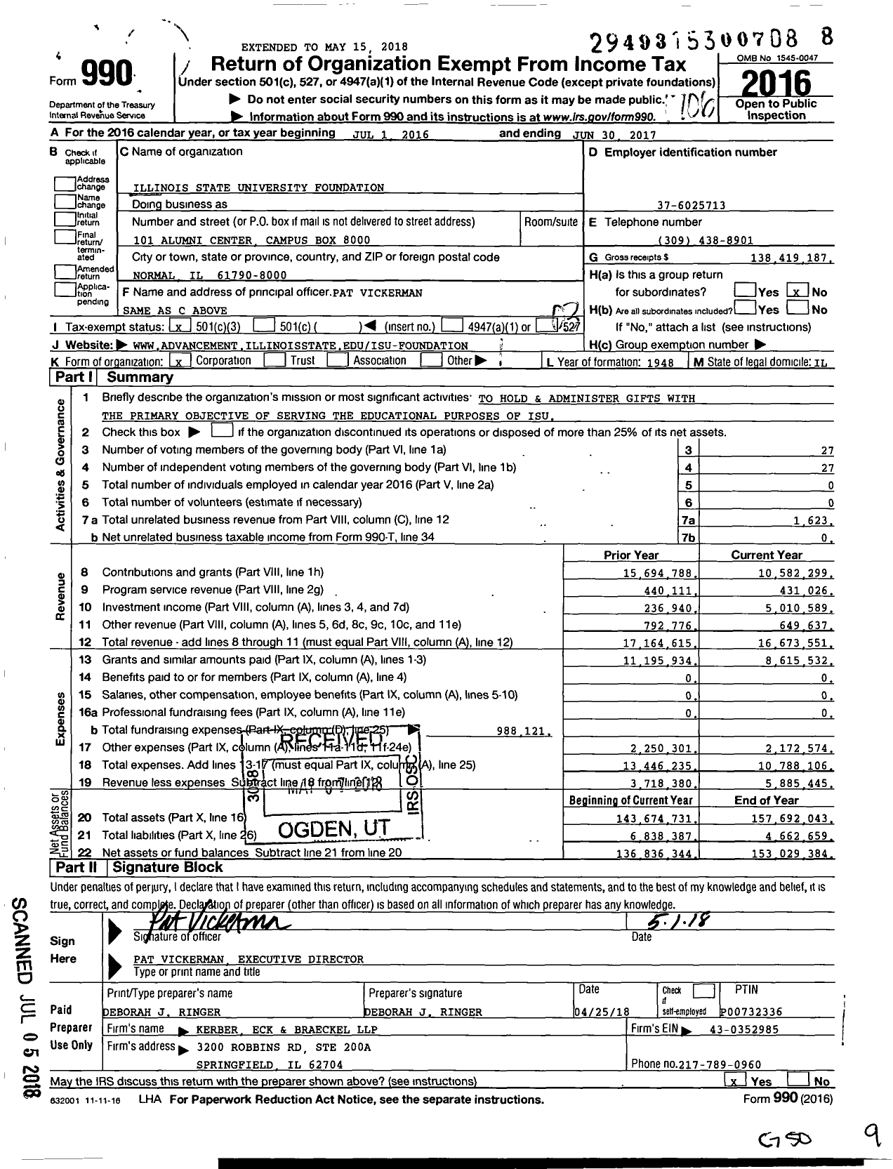 Image of first page of 2016 Form 990 for Illinois State University Foundation