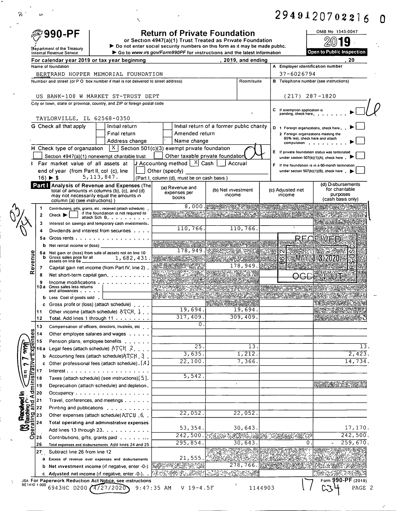 Image of first page of 2019 Form 990PR for Bertrand Hopper Memorial Foundation