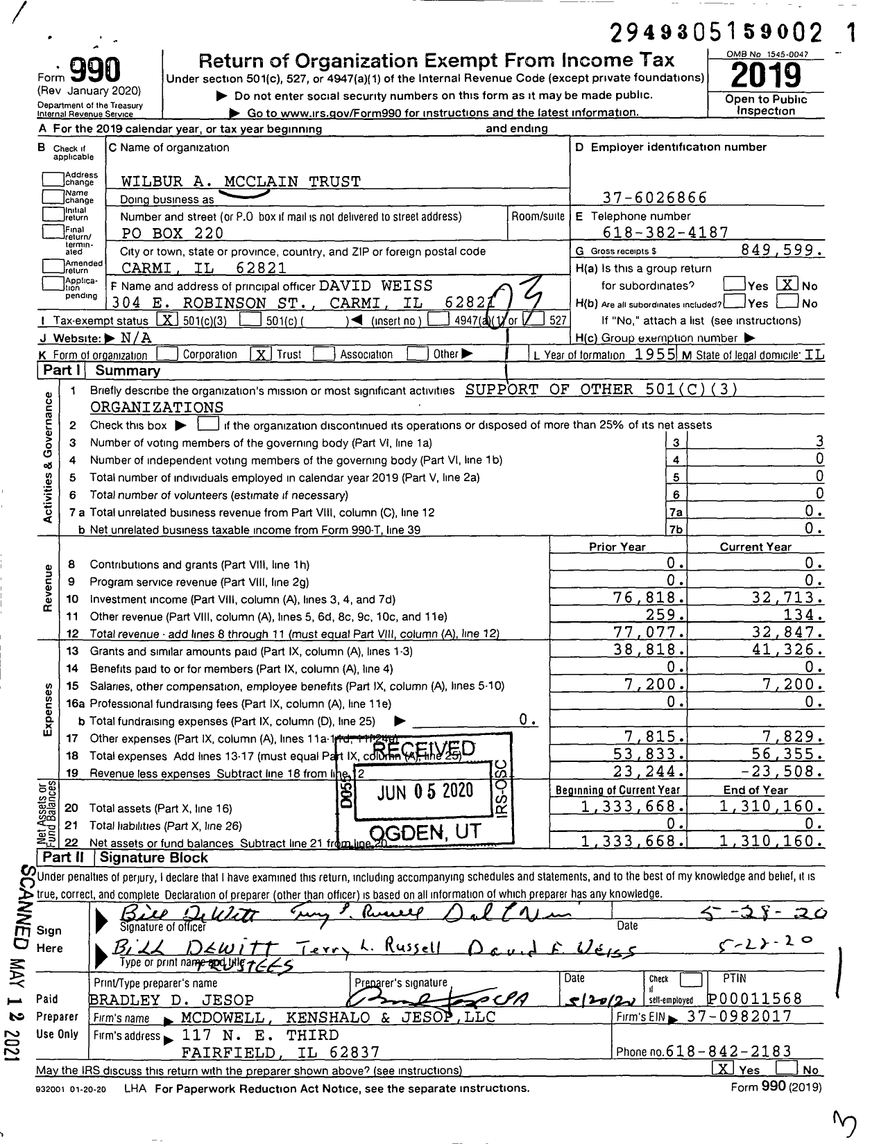 Image of first page of 2019 Form 990 for Wilbur A Mcclain Trust