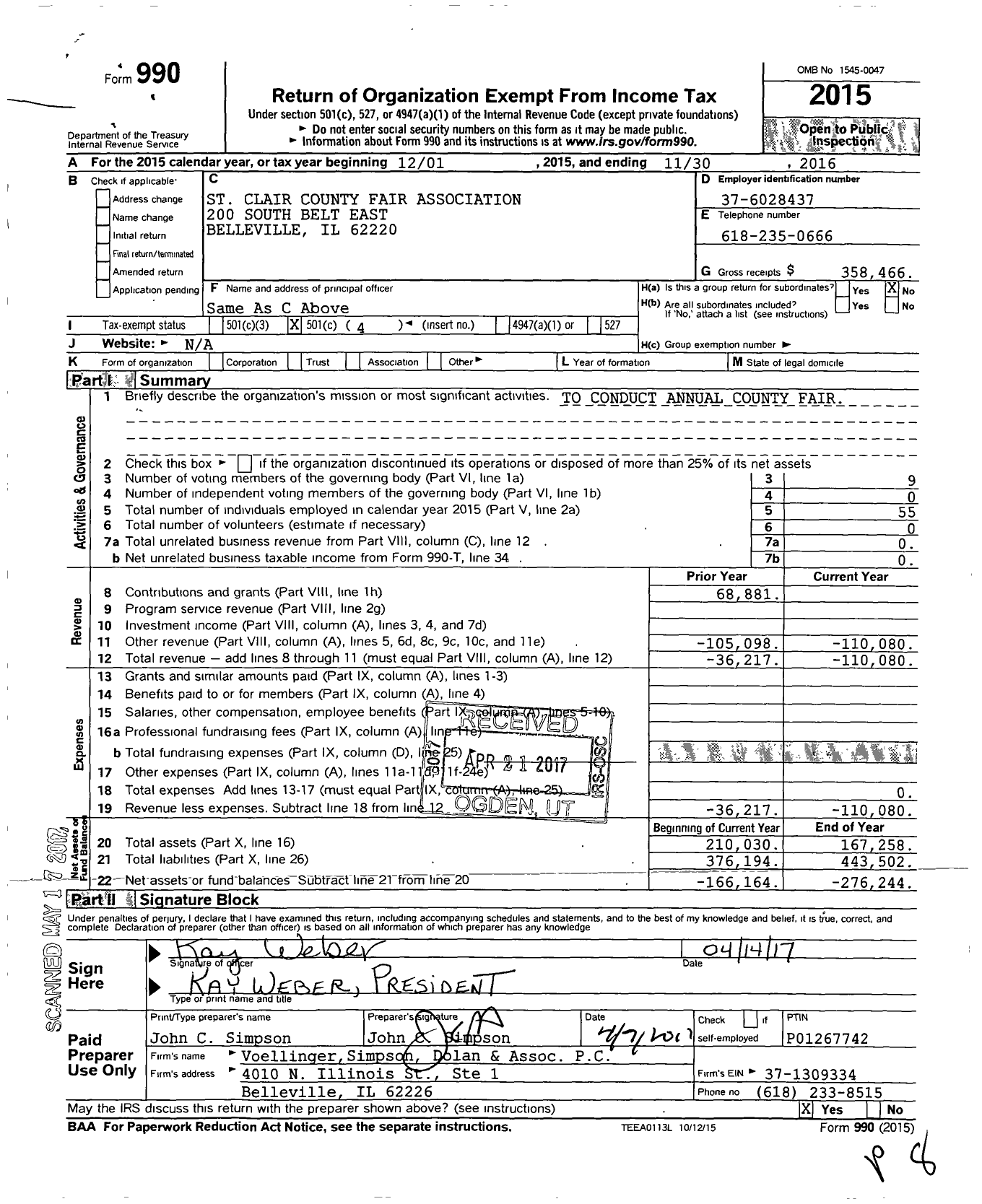 Image of first page of 2015 Form 990O for St Clair County Fair Association