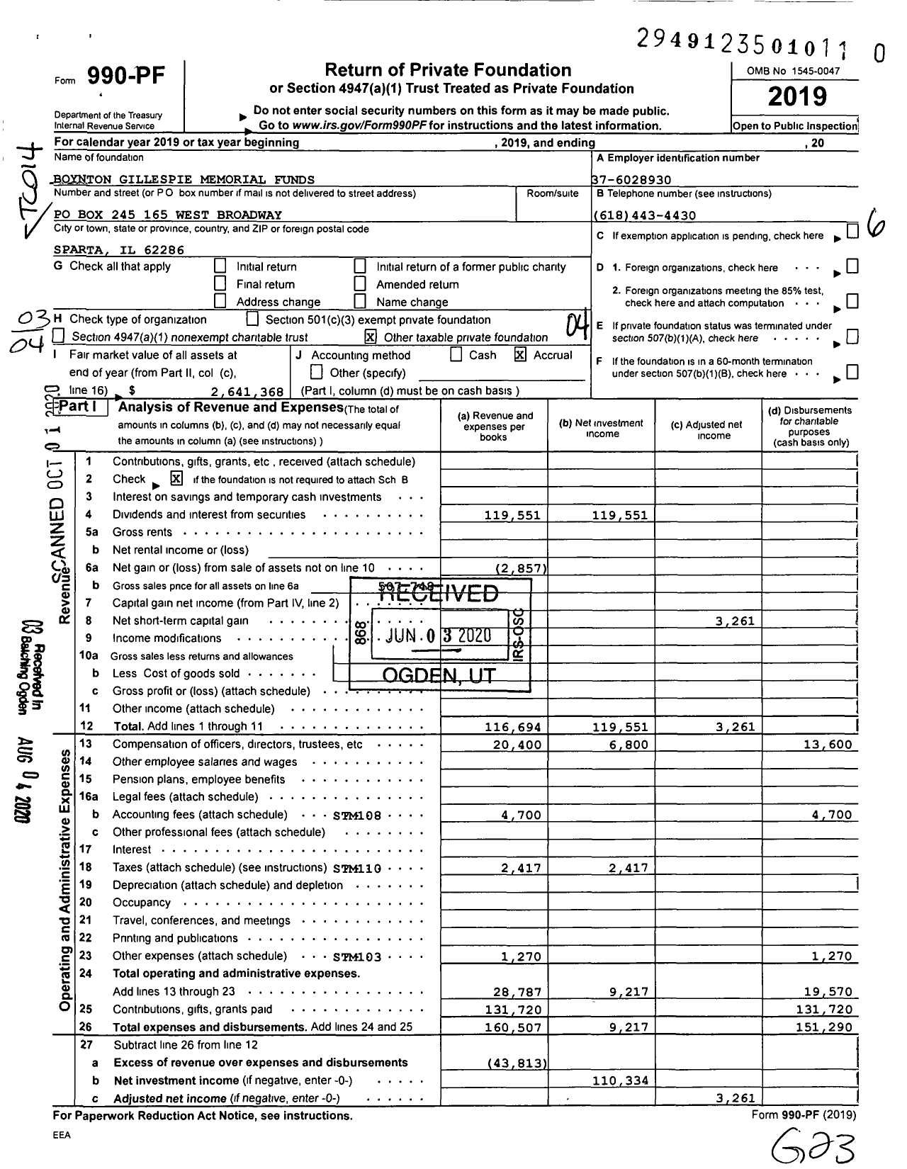 Image of first page of 2019 Form 990PR for Boynton Gillespie Memorial Funds