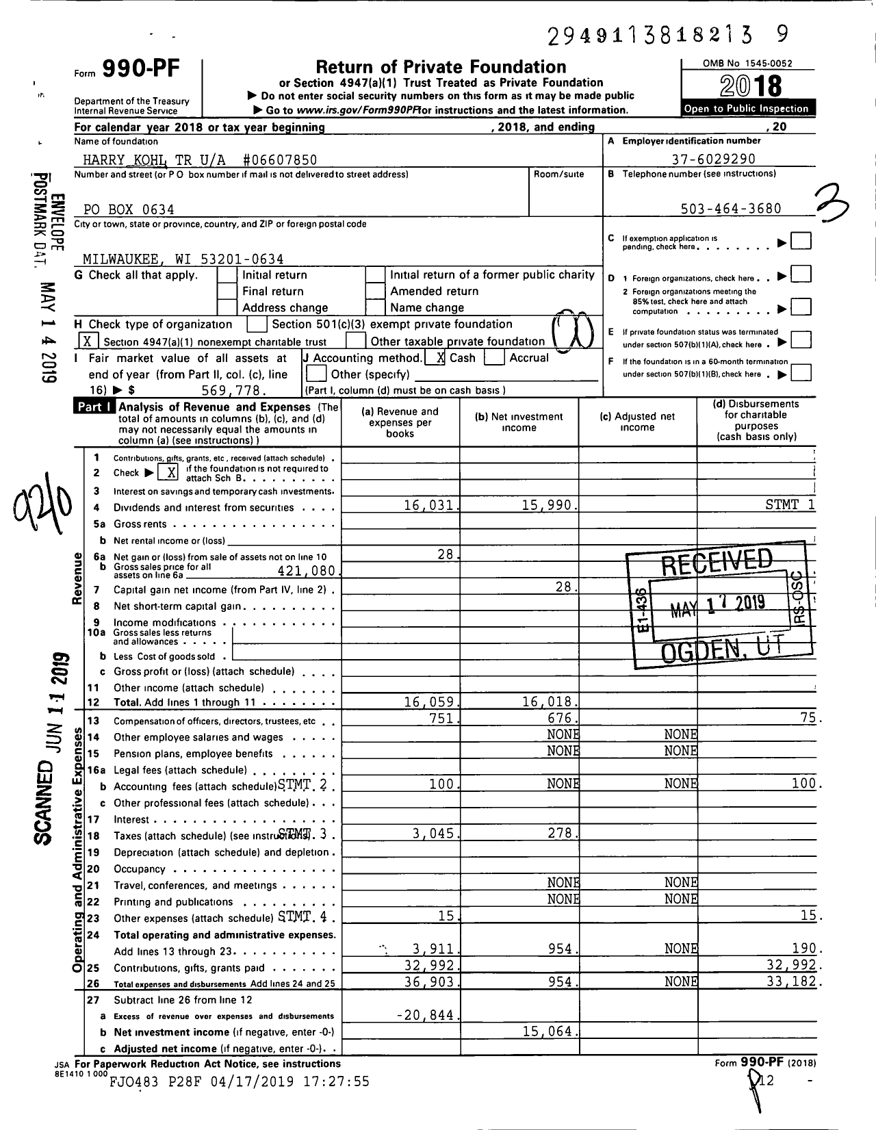 Image of first page of 2018 Form 990PF for Harry Kohl Trust