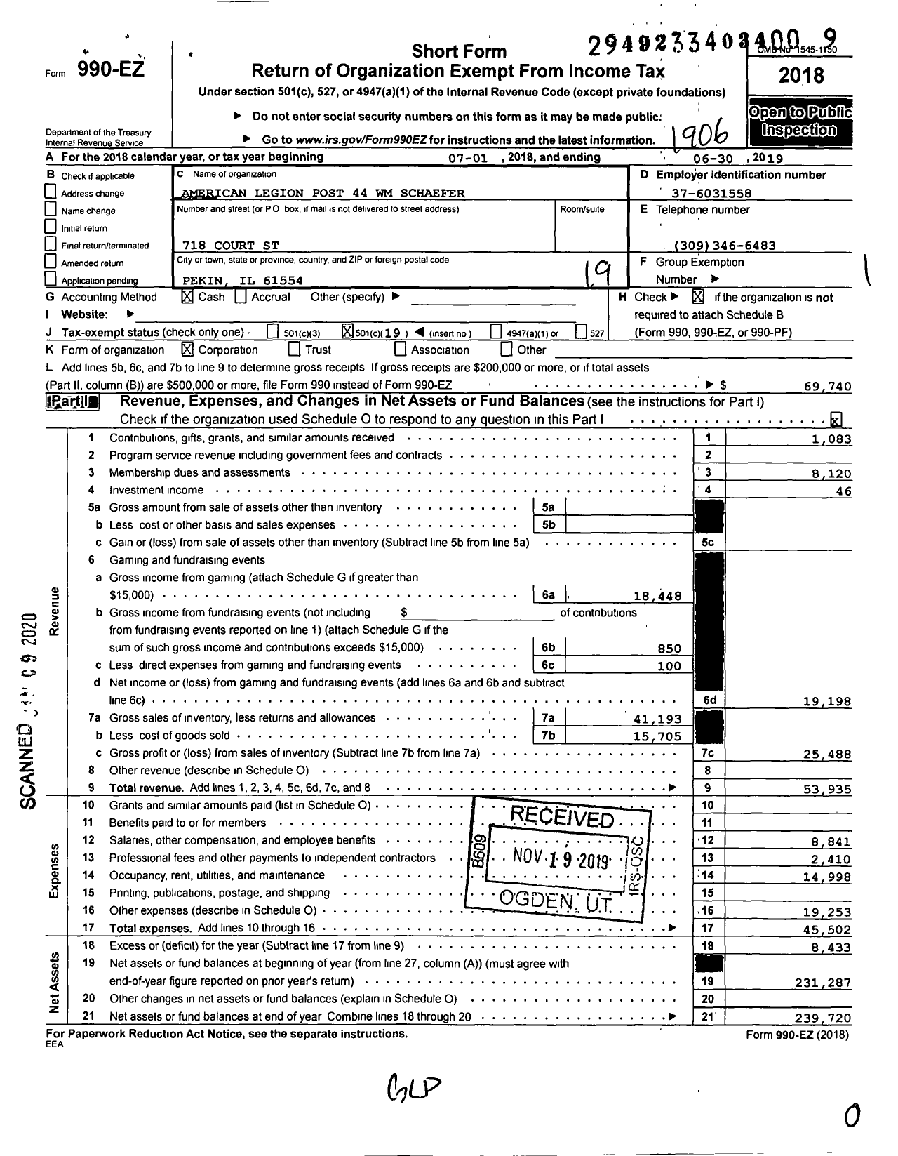 Image of first page of 2018 Form 990EO for American Legion - 0044 William Schaefer