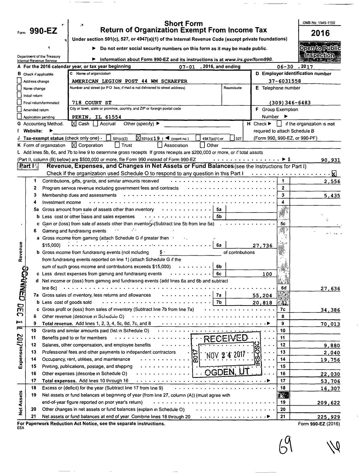 Image of first page of 2016 Form 990EO for American Legion Post 44 WM Schaefer