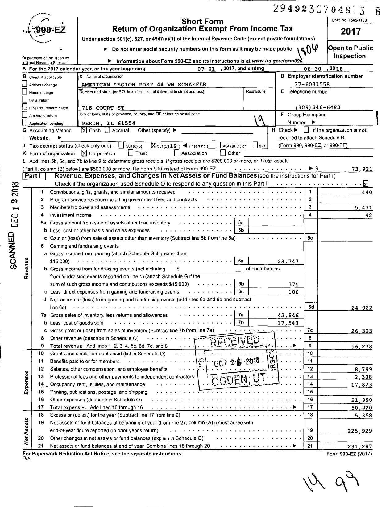 Image of first page of 2017 Form 990EO for American Legion Post 44 WM Schaefer