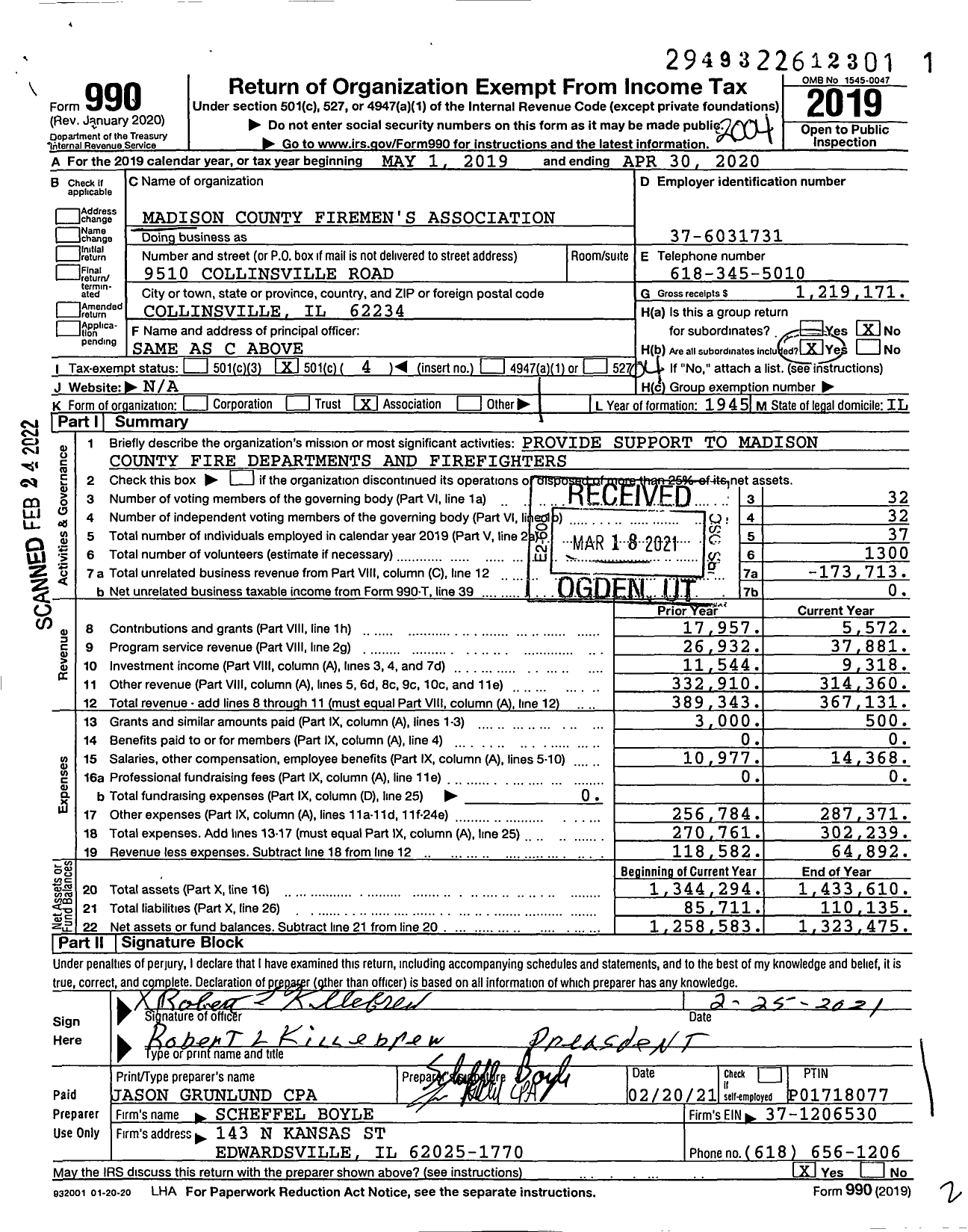 Image of first page of 2019 Form 990O for Madison County Firemen's Association