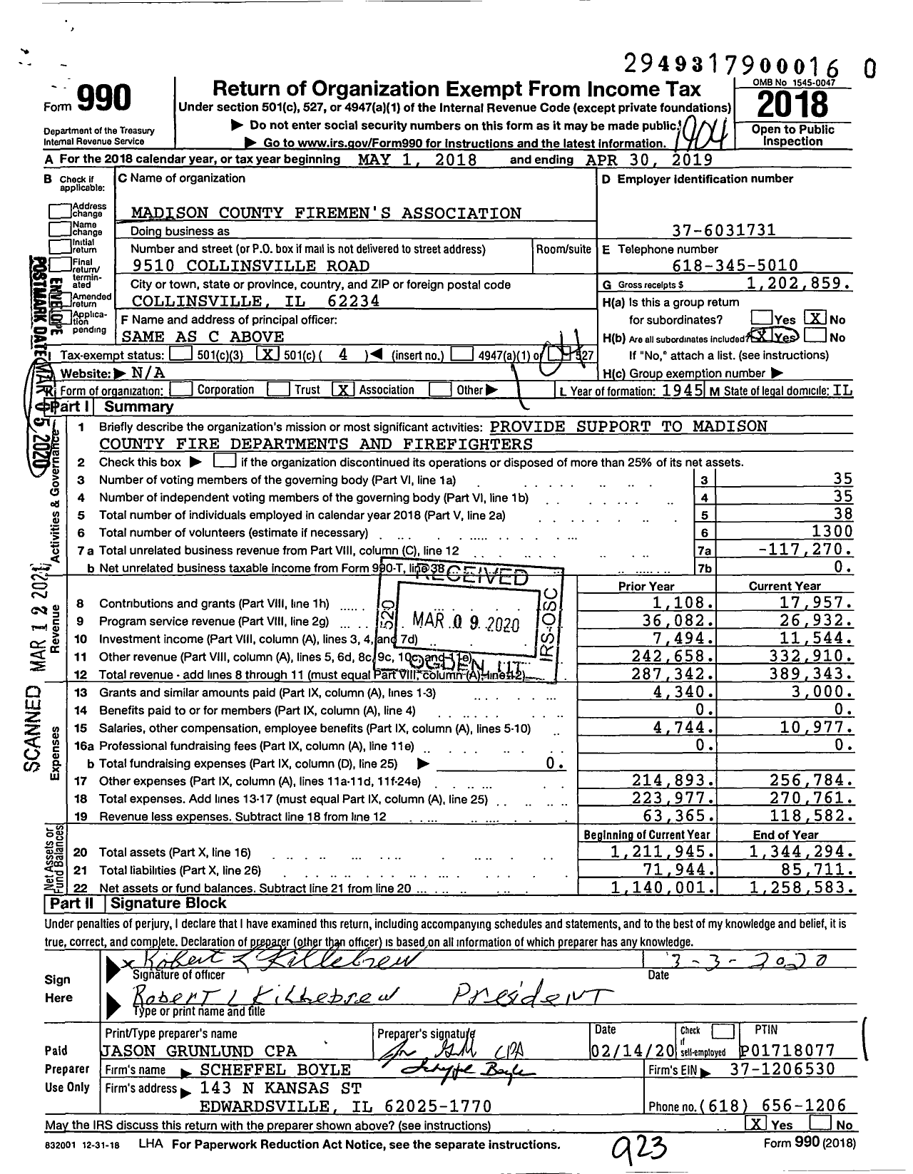 Image of first page of 2018 Form 990O for Madison County Firemen's Association