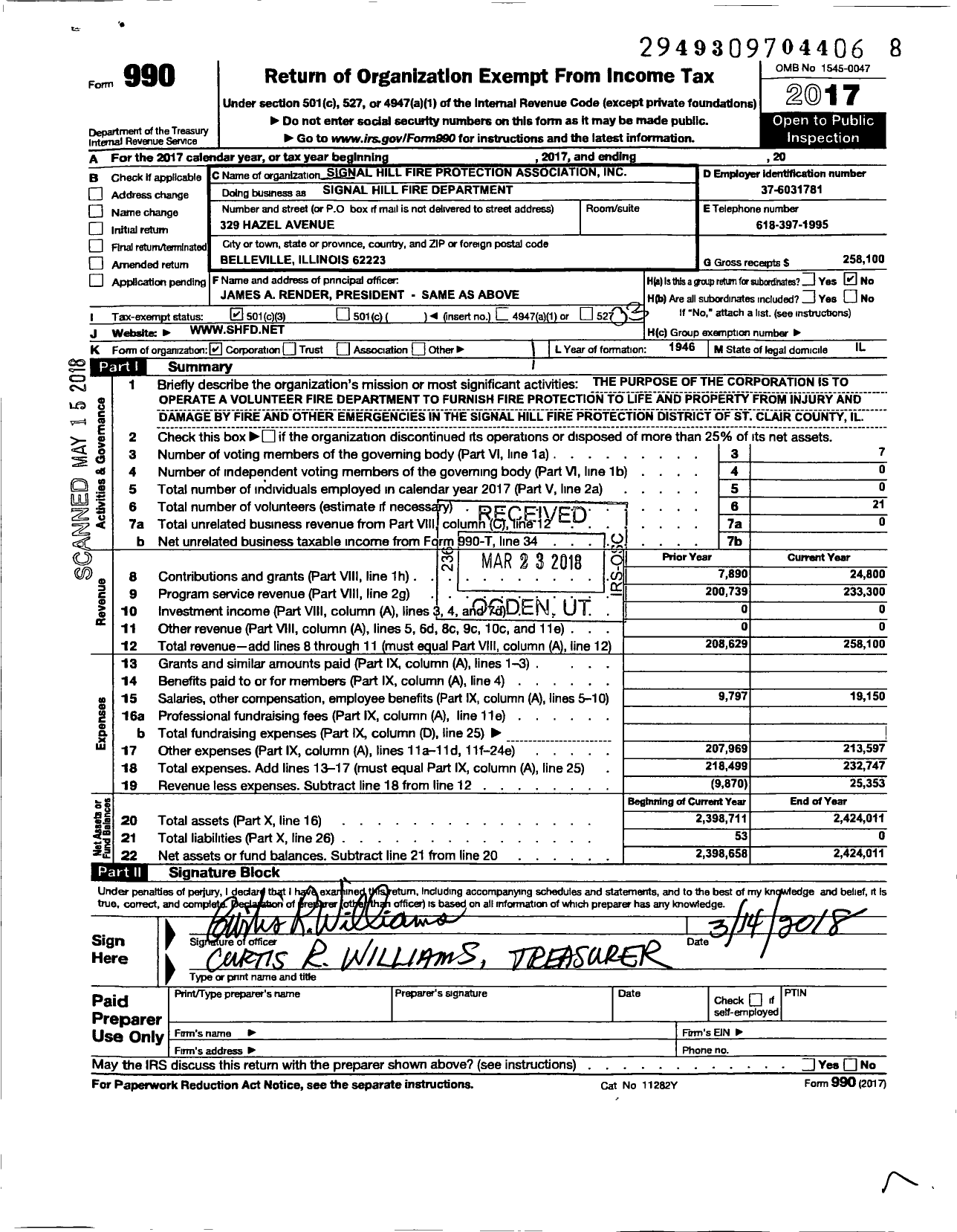 Image of first page of 2017 Form 990 for Signal Hill Fire Protection Association