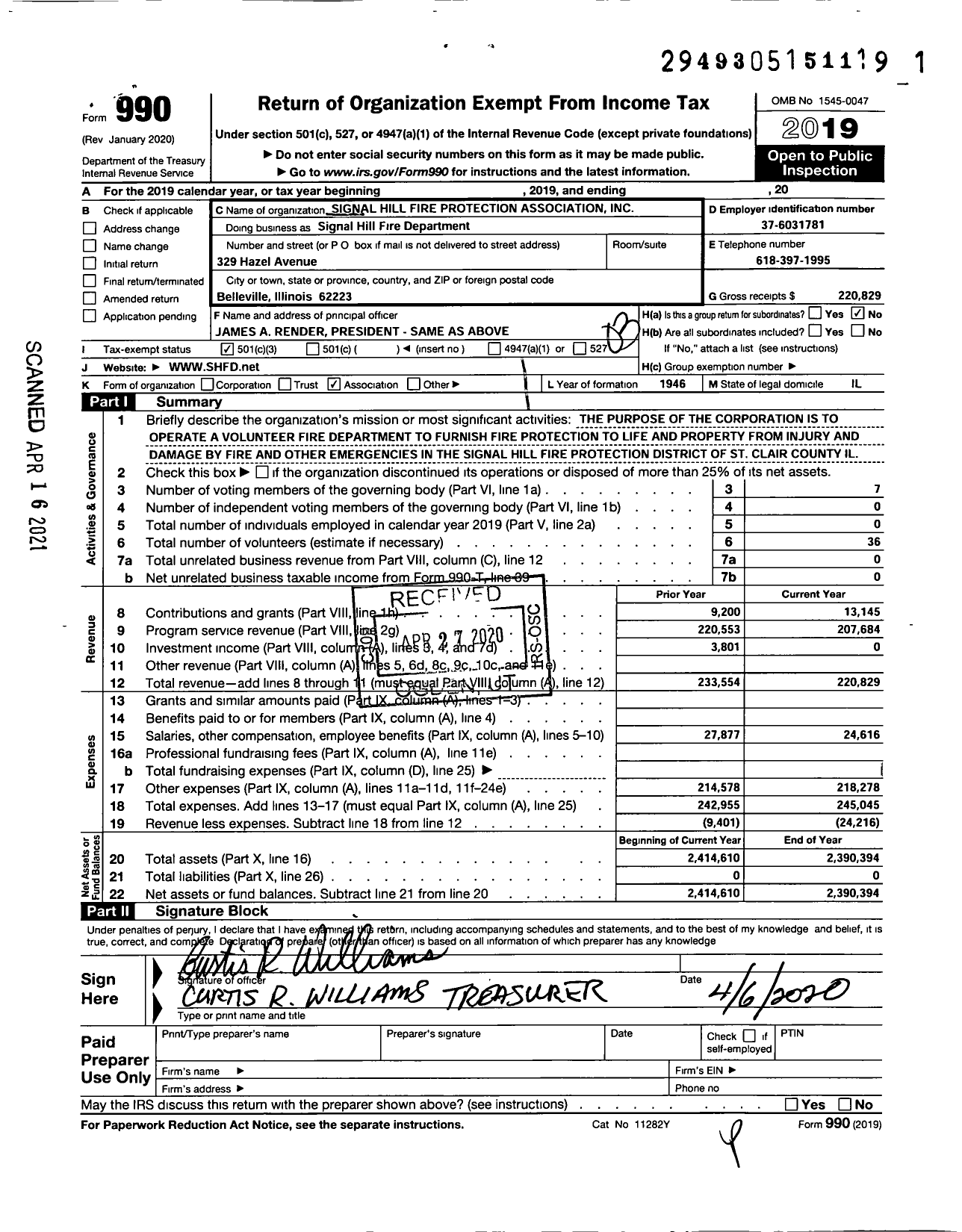 Image of first page of 2019 Form 990 for Signal Hill Fire Protection Association