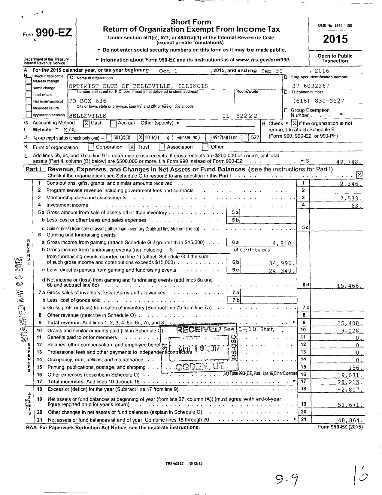 Image of first page of 2015 Form 990EO for Optimist International - 12016 Optimist Club of Belleville I