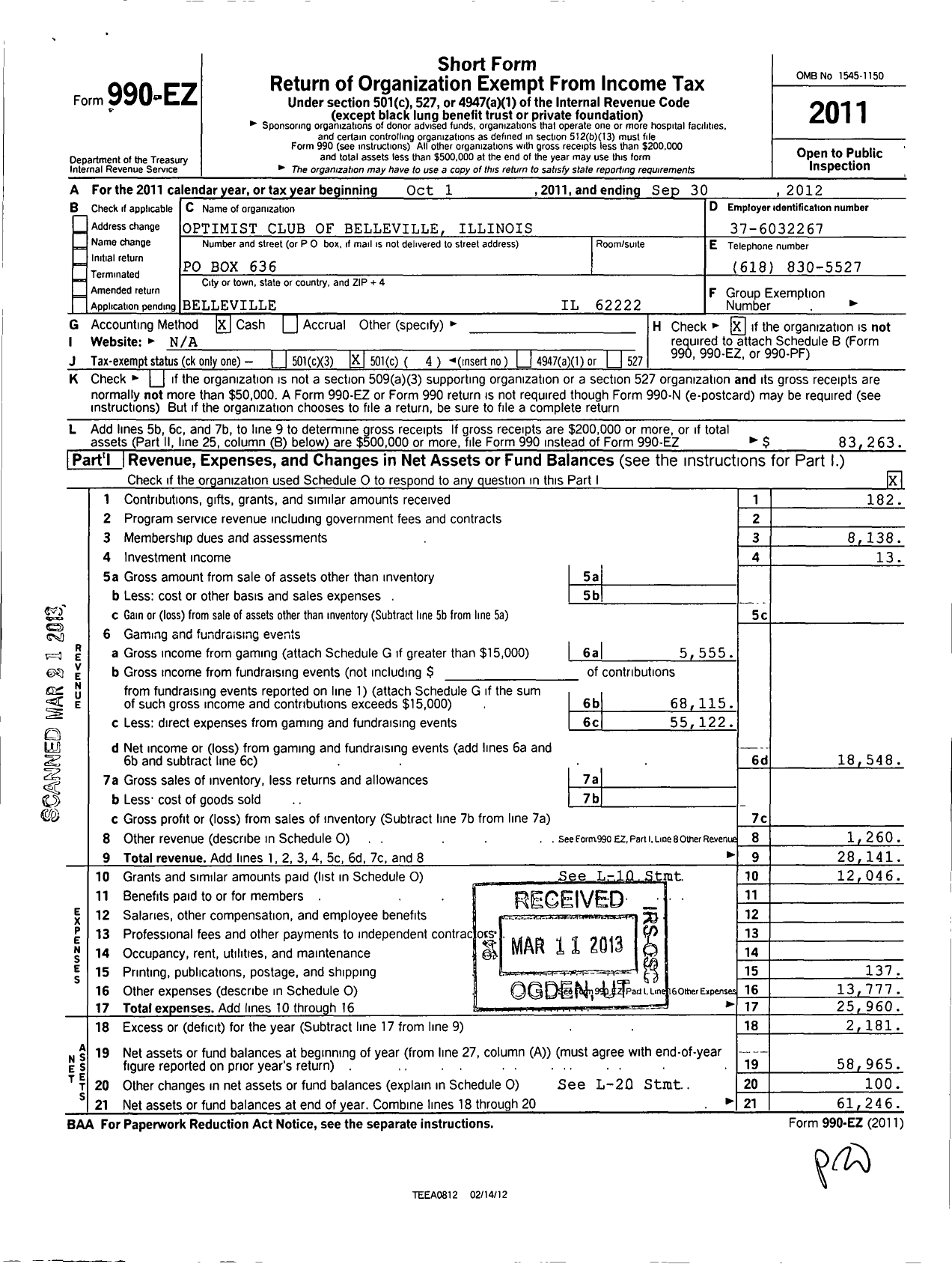 Image of first page of 2011 Form 990EO for Optimist International - 12016 Optimist Club of Belleville I