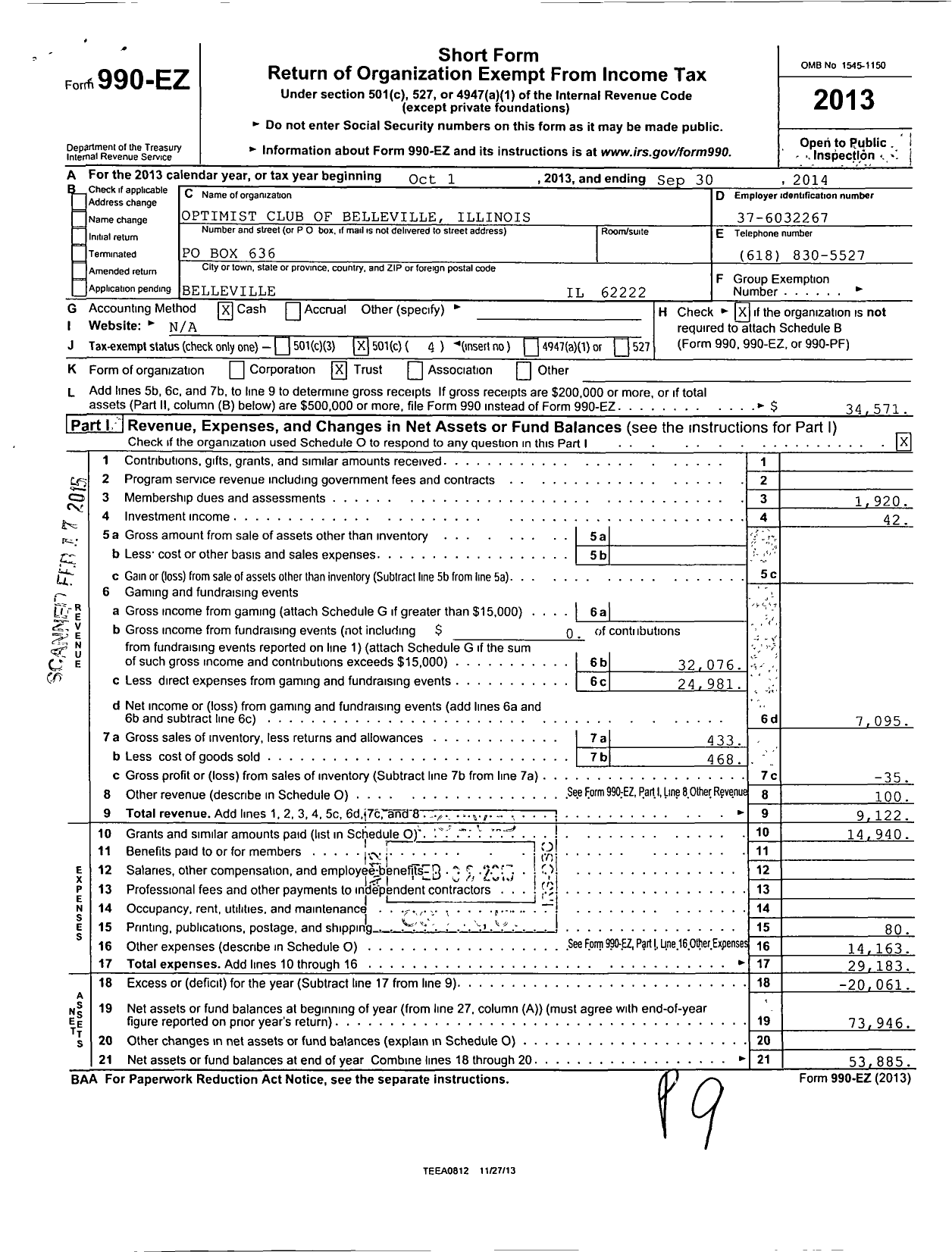 Image of first page of 2013 Form 990EO for Optimist International - 12016 Optimist Club of Belleville I