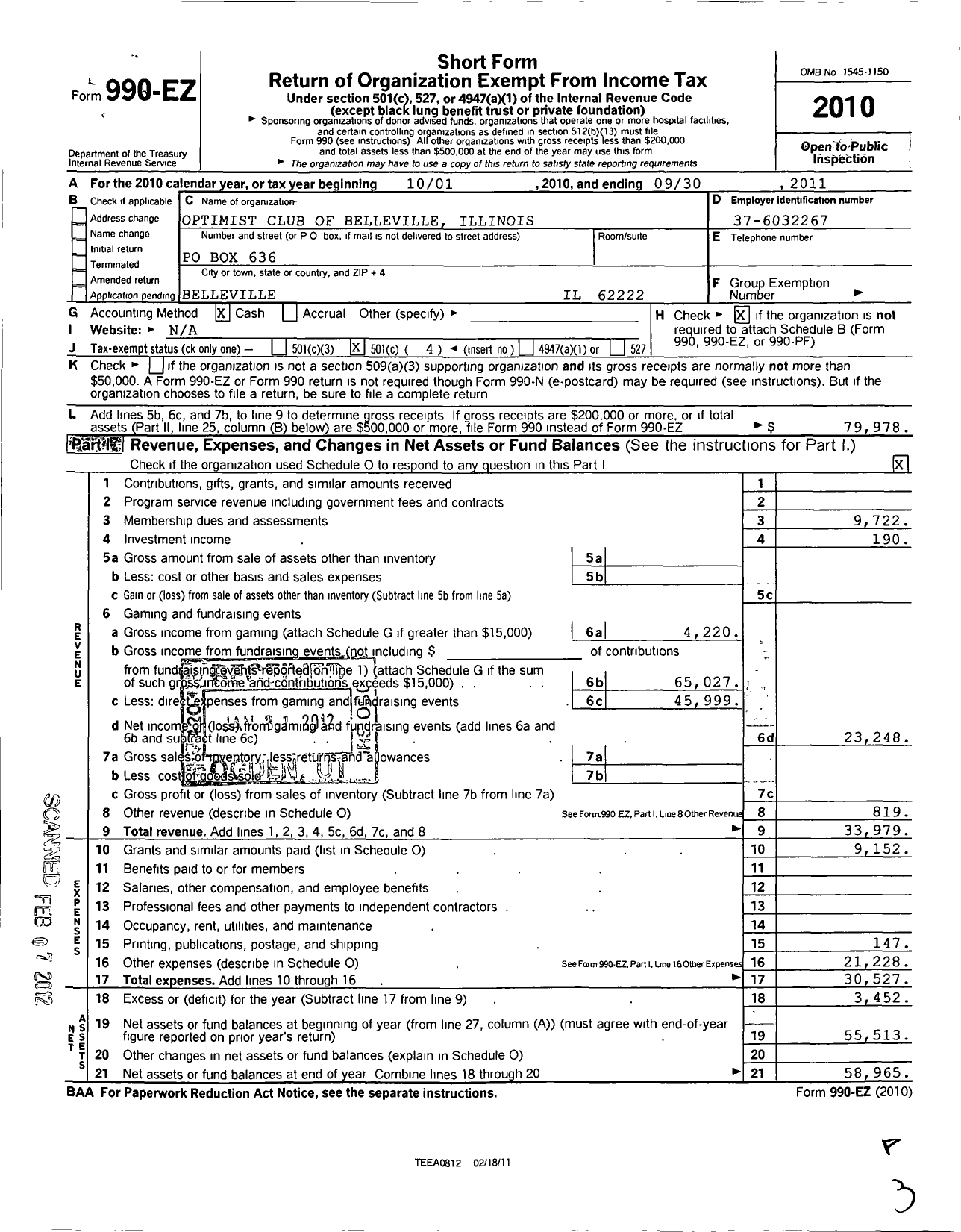 Image of first page of 2010 Form 990EO for Optimist International - 12016 Optimist Club of Belleville I