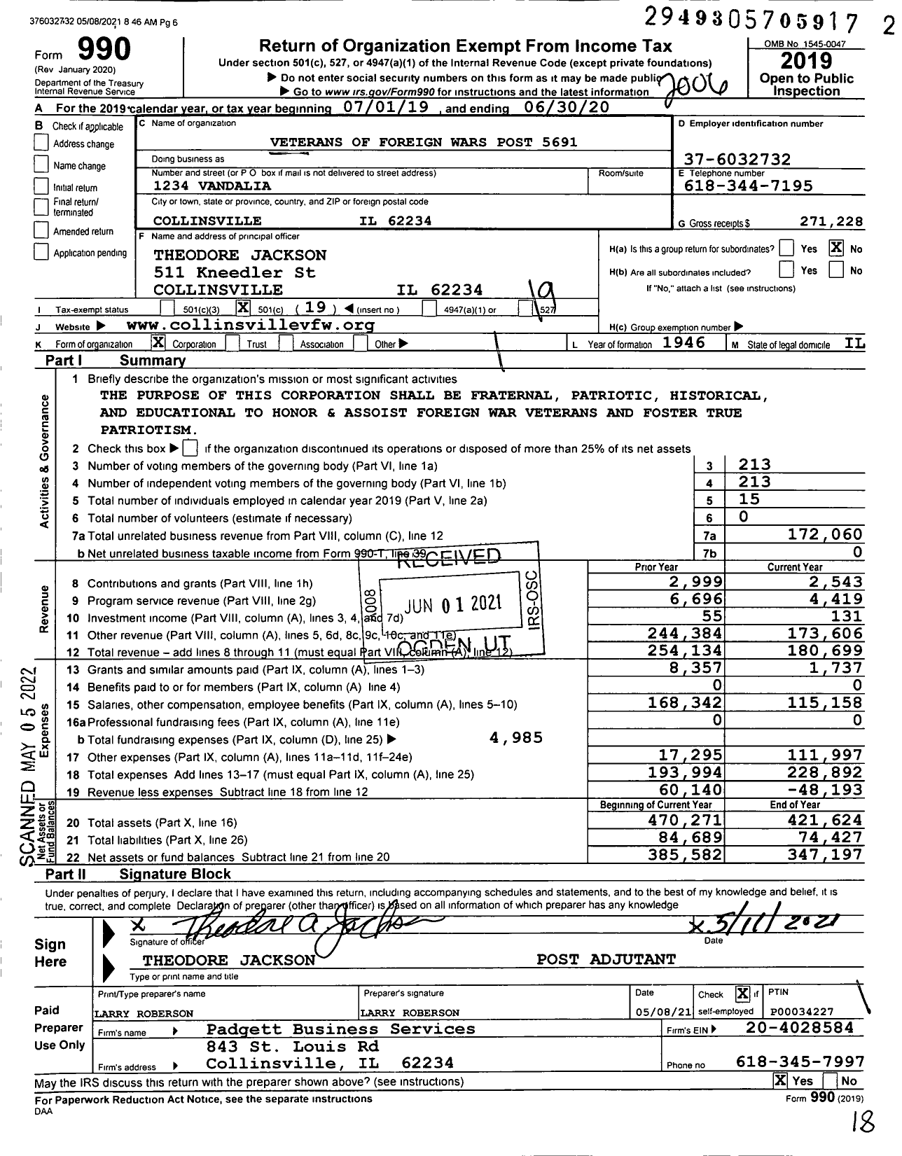 Image of first page of 2019 Form 990O for VFW Dept of Illinois - 5691 Kahokian Memorial Post