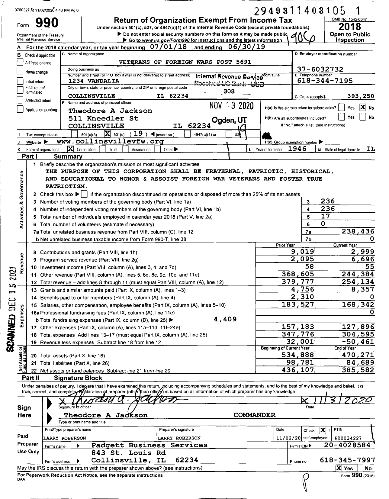 Image of first page of 2018 Form 990O for VFW Dept of Illinois - 5691 Kahokian Memorial Post