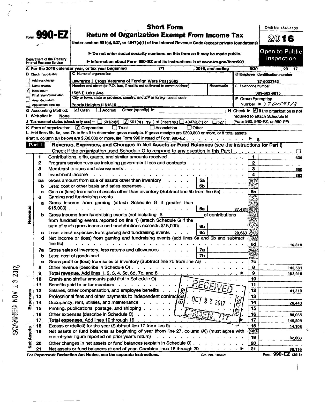 Image of first page of 2016 Form 990EO for VFW Dept of Illinois - 2602 Lawrence J Cross Post
