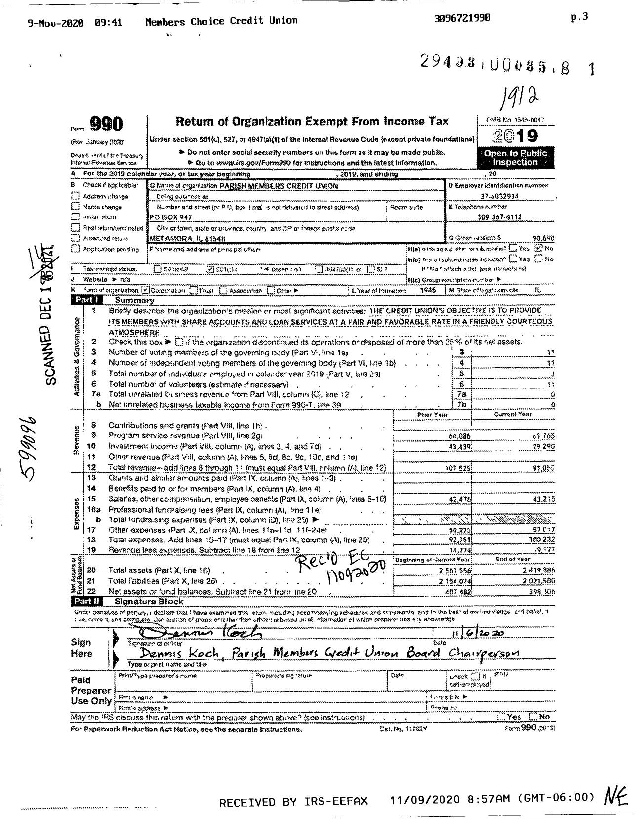 Image of first page of 2019 Form 990O for Parish Members Credit Union