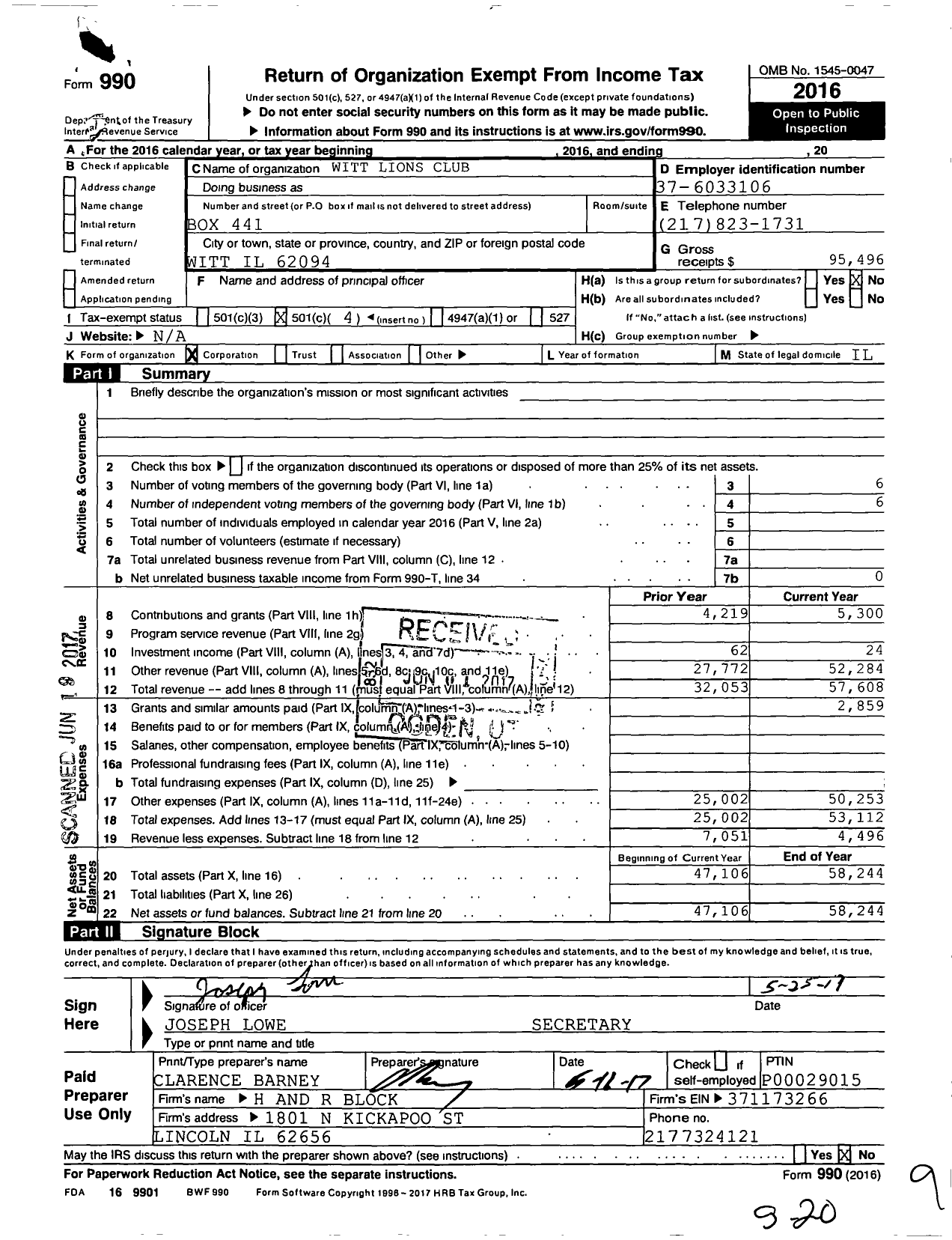 Image of first page of 2016 Form 990O for Lions Clubs - Witt Lions Club