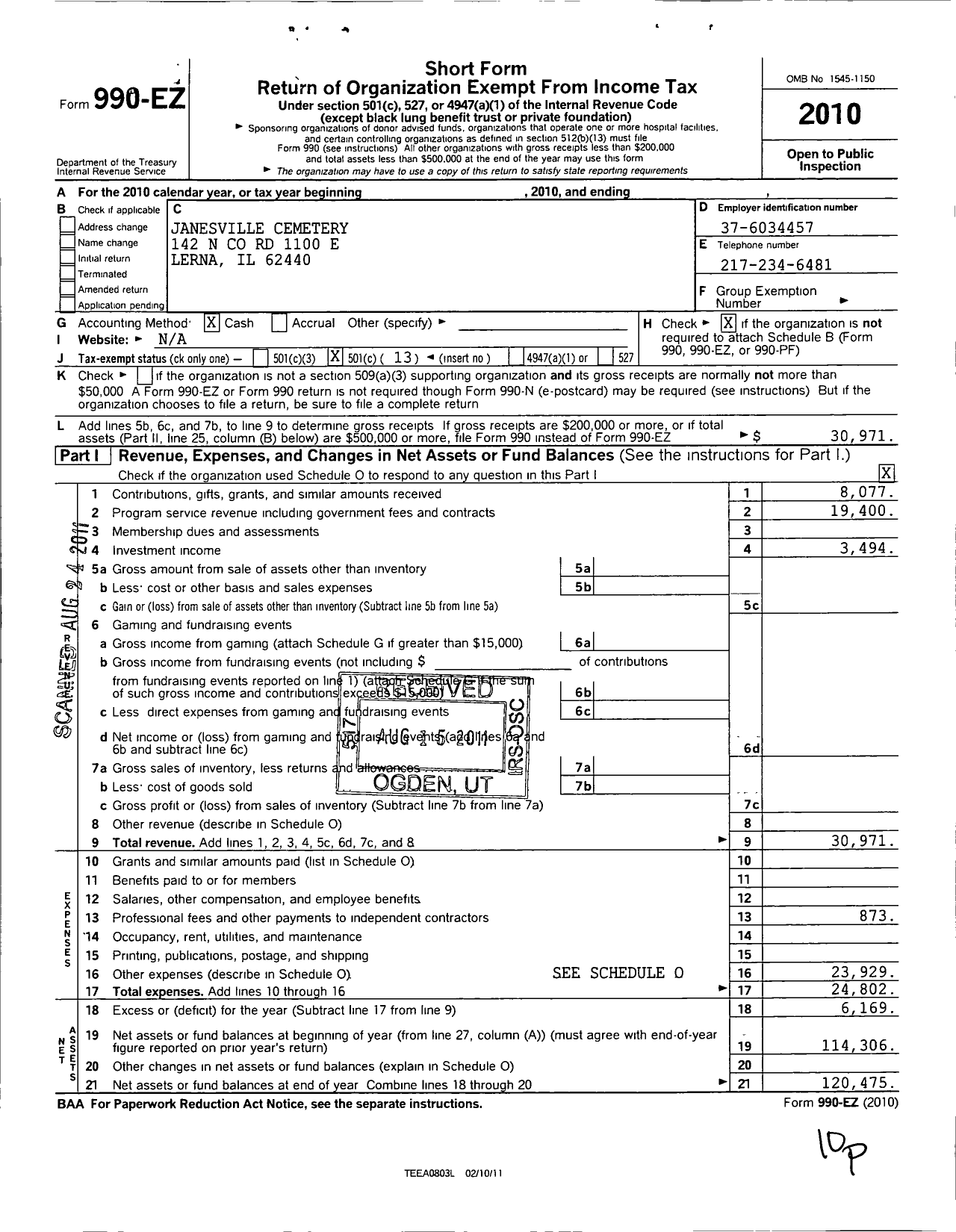 Image of first page of 2010 Form 990EO for Janesville Cemetery