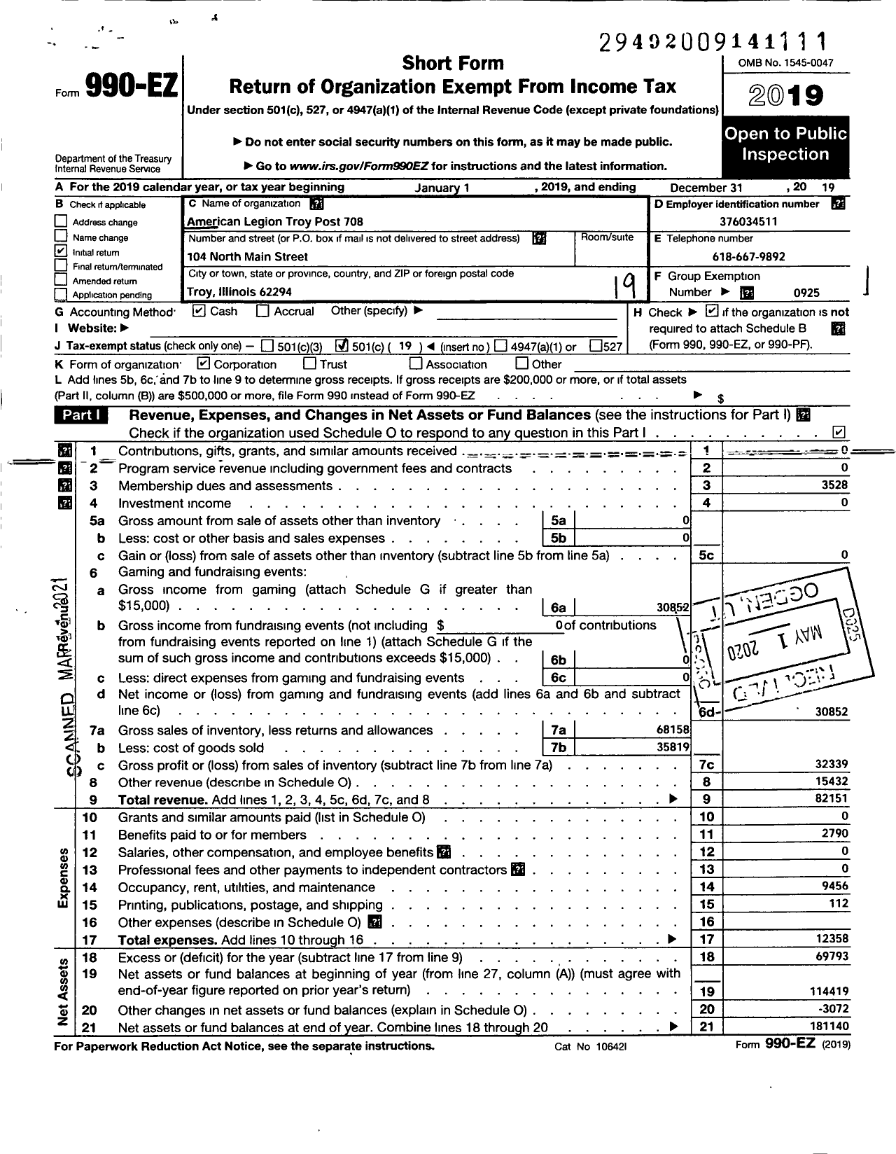 Image of first page of 2019 Form 990EO for American Legion Post 0708 Post