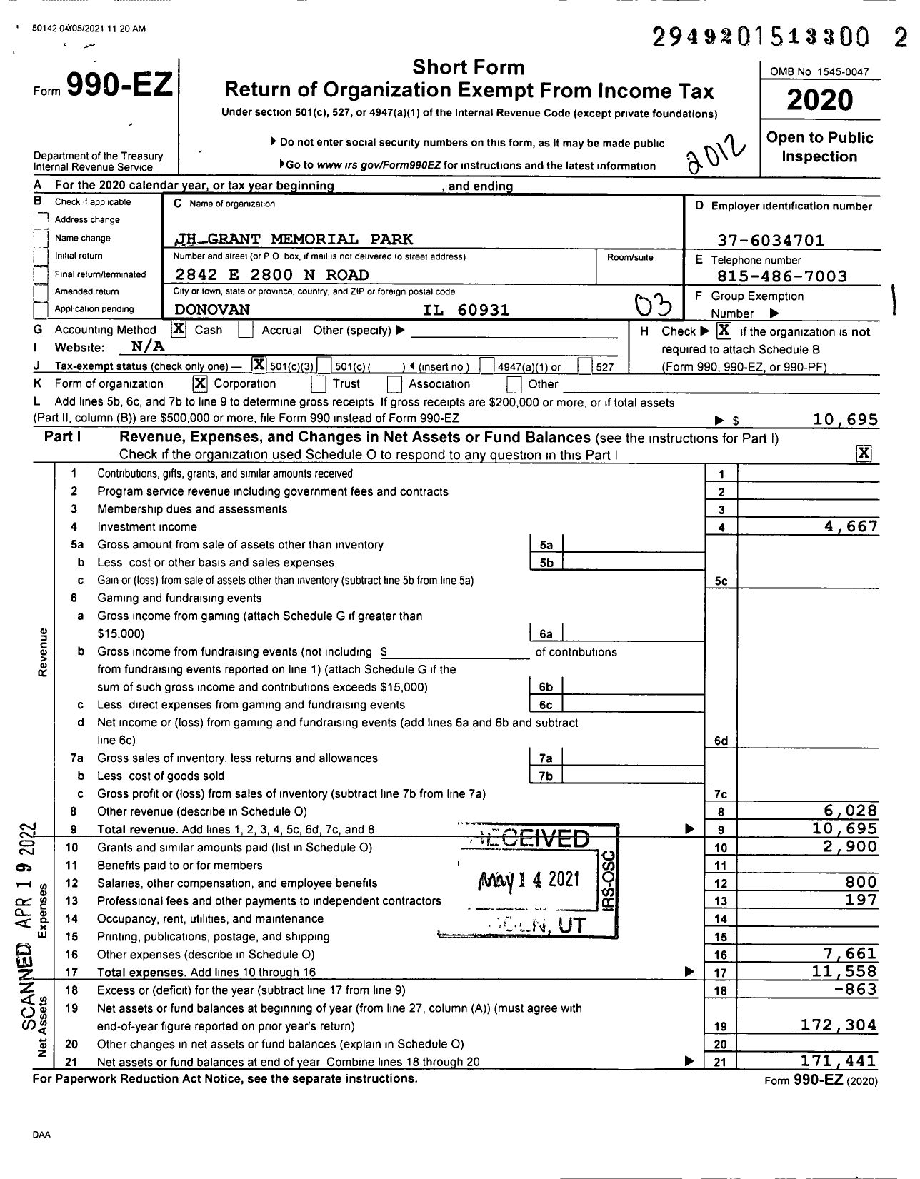 Image of first page of 2020 Form 990EZ for JH Grant Memorial Park