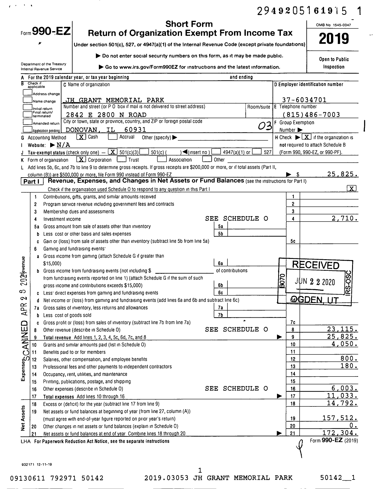 Image of first page of 2019 Form 990EZ for JH Grant Memorial Park