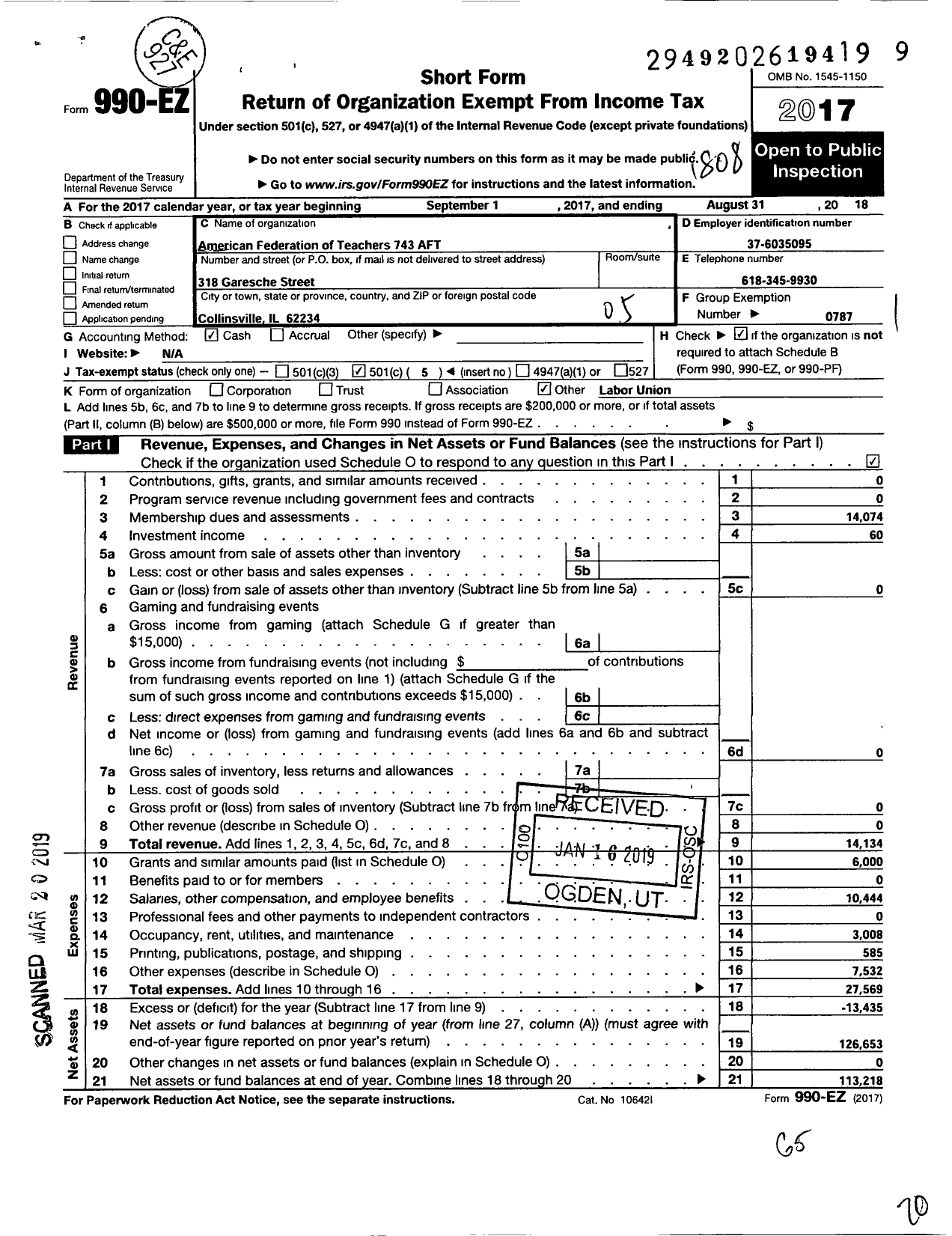 Image of first page of 2017 Form 990EO for American Federation of Teachers - 743 Granite City