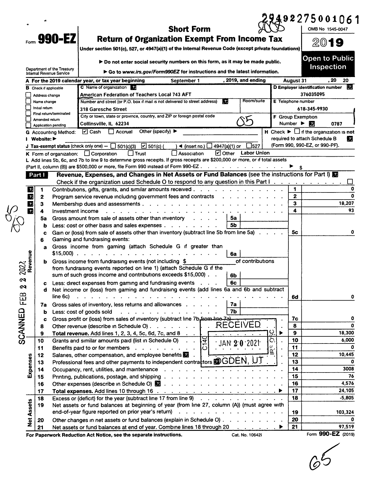 Image of first page of 2019 Form 990EO for American Federation of Teachers - 743 Granite City