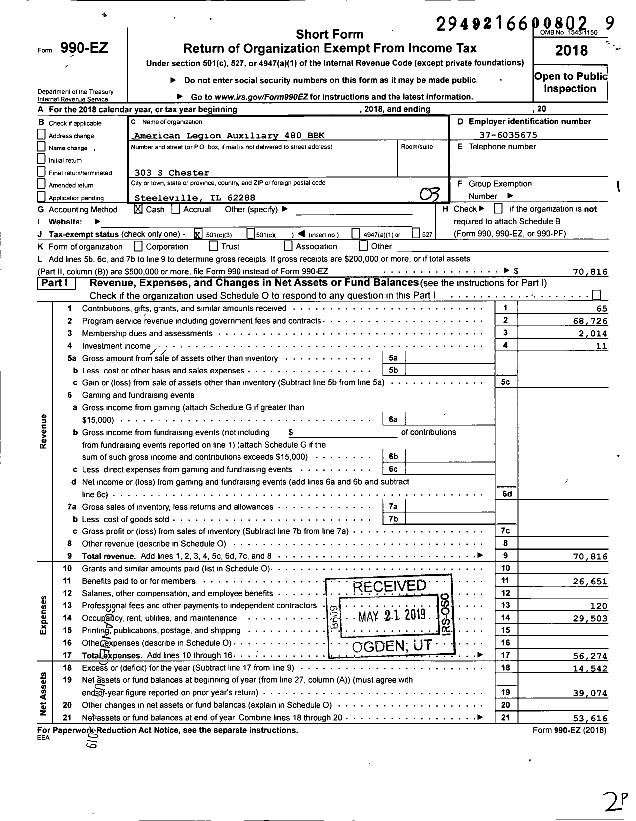 Image of first page of 2018 Form 990EZ for American Legion Auxiliary - 480 Beisner-Brueggemann-Knop