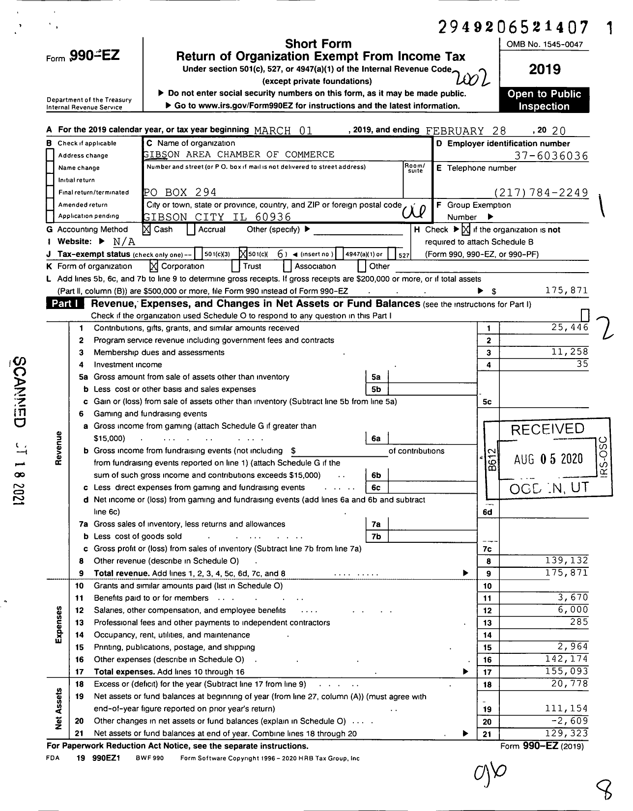 Image of first page of 2019 Form 990EO for Gibson Area Chamber of Commerce