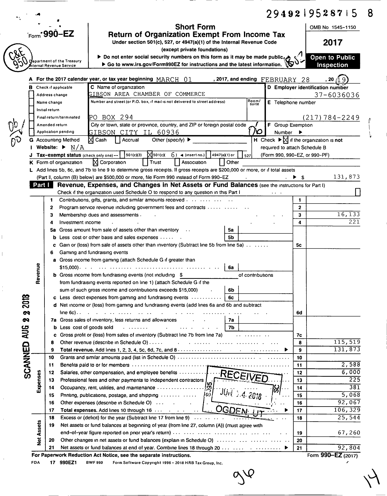 Image of first page of 2017 Form 990EO for Gibson Area Chamber of Commerce