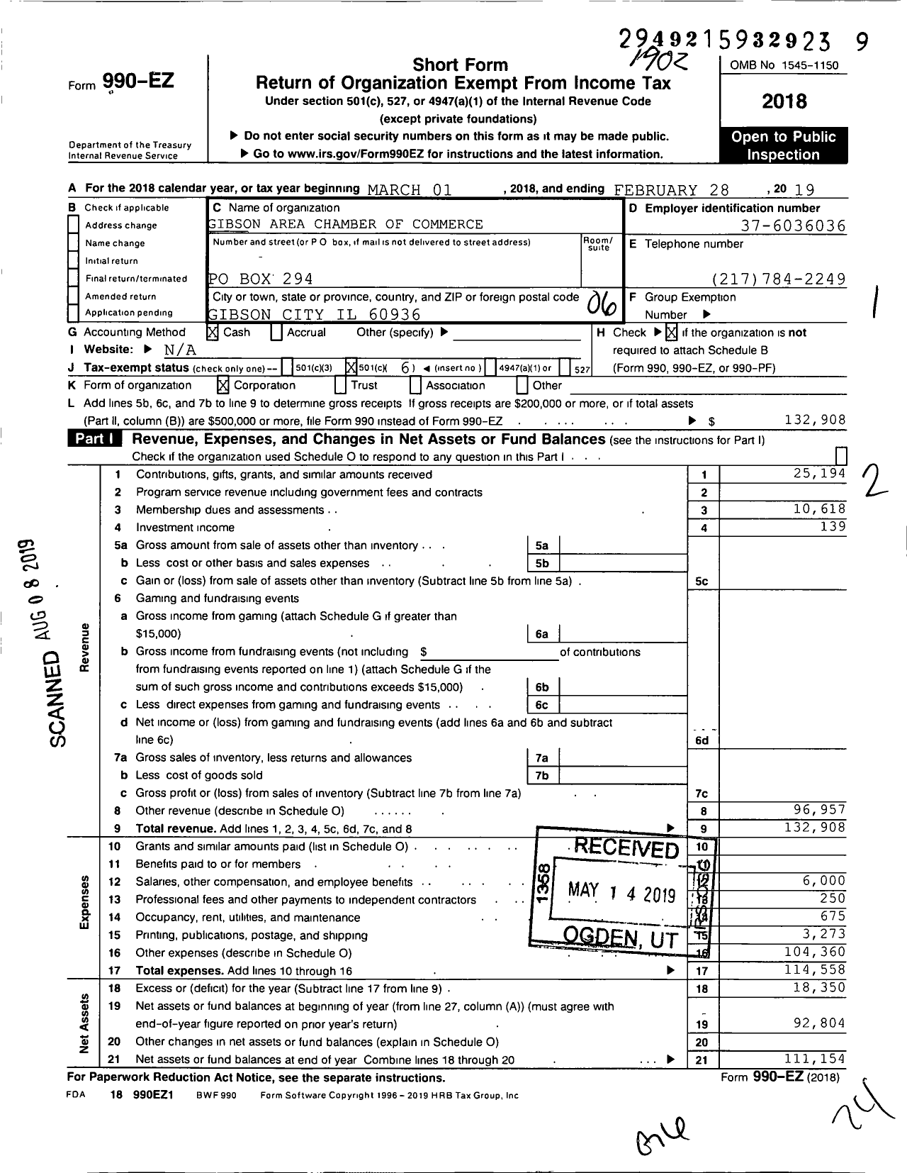 Image of first page of 2018 Form 990EO for Gibson Area Chamber of Commerce