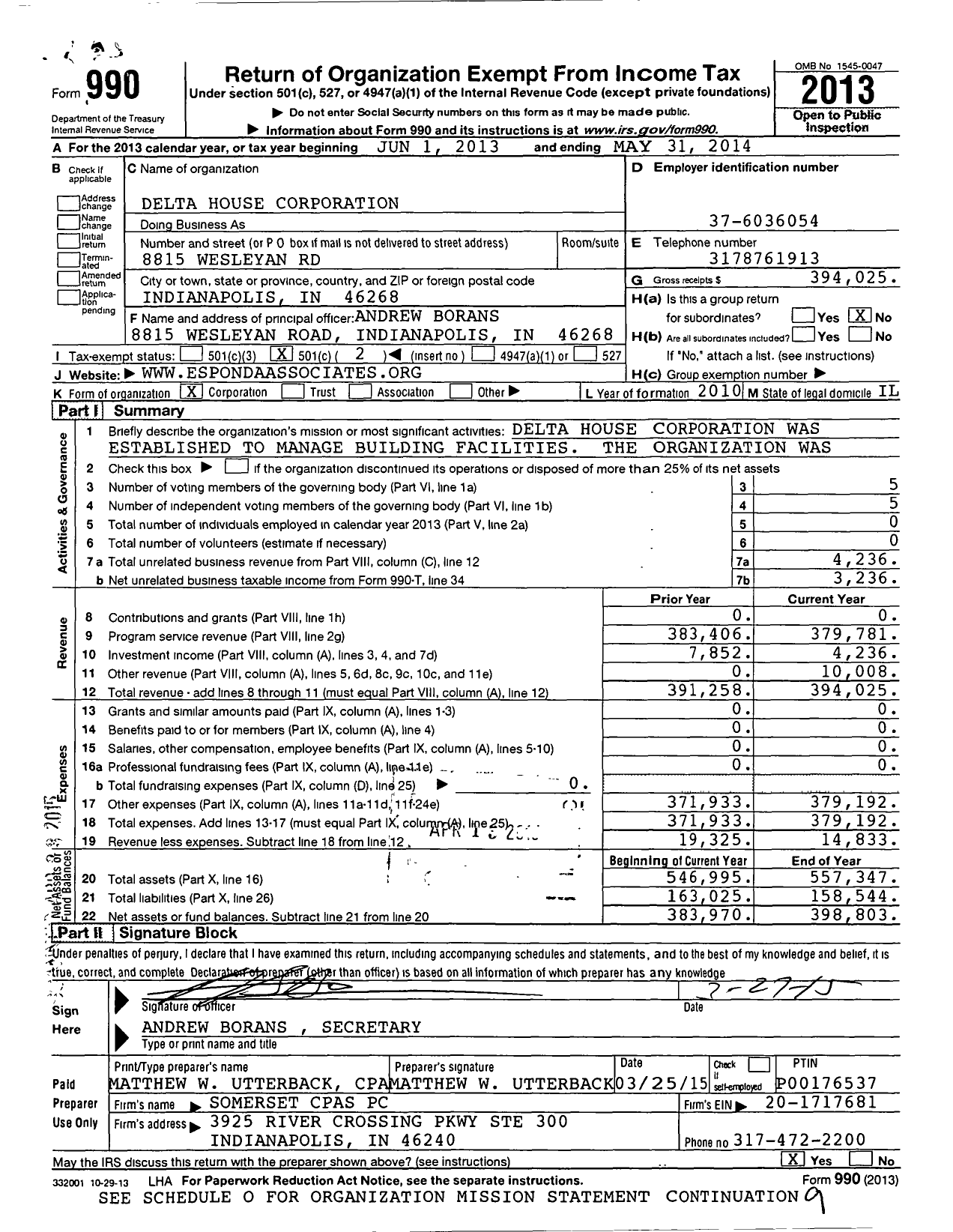 Image of first page of 2013 Form 990O for Delta House Corporation