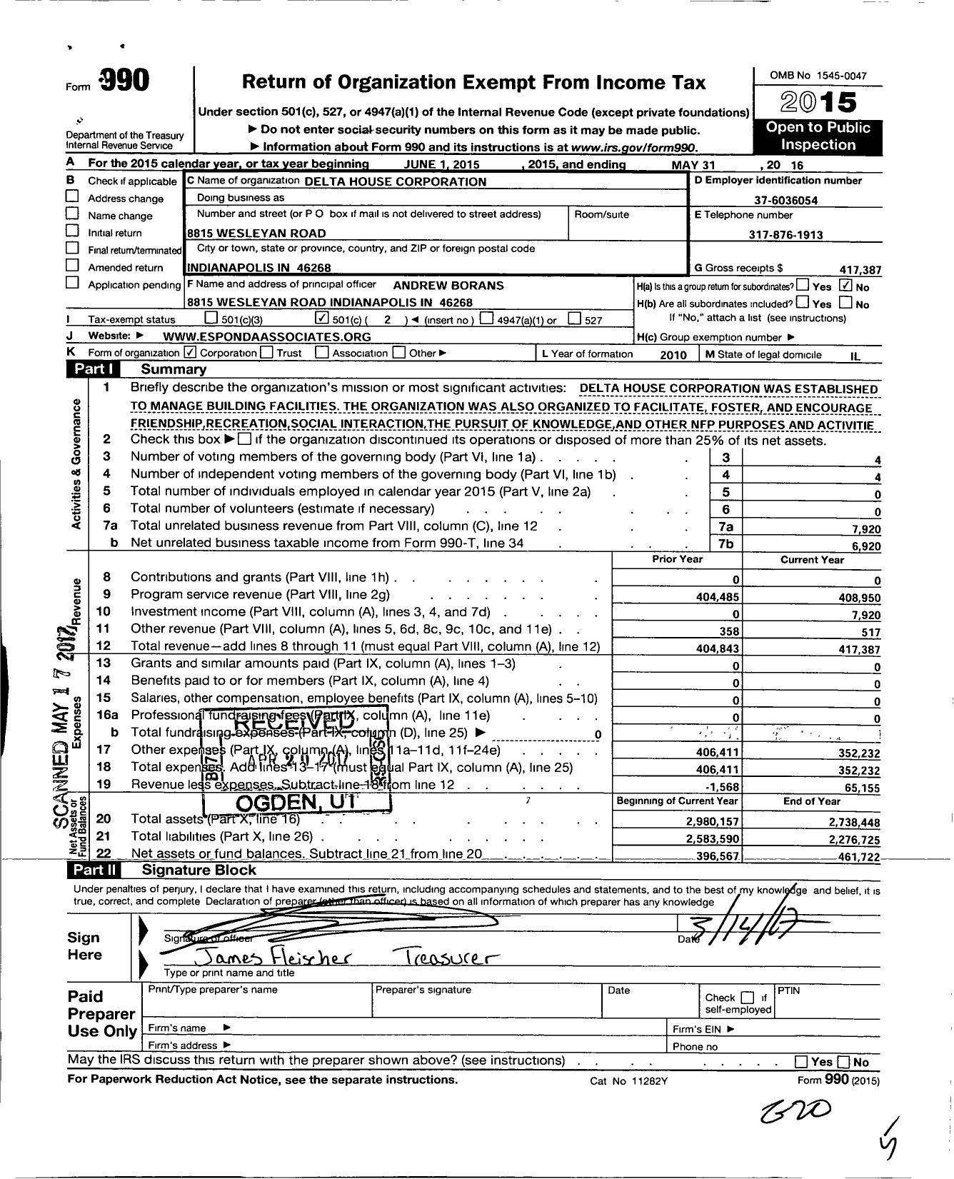 Image of first page of 2015 Form 990O for Delta House Corporation