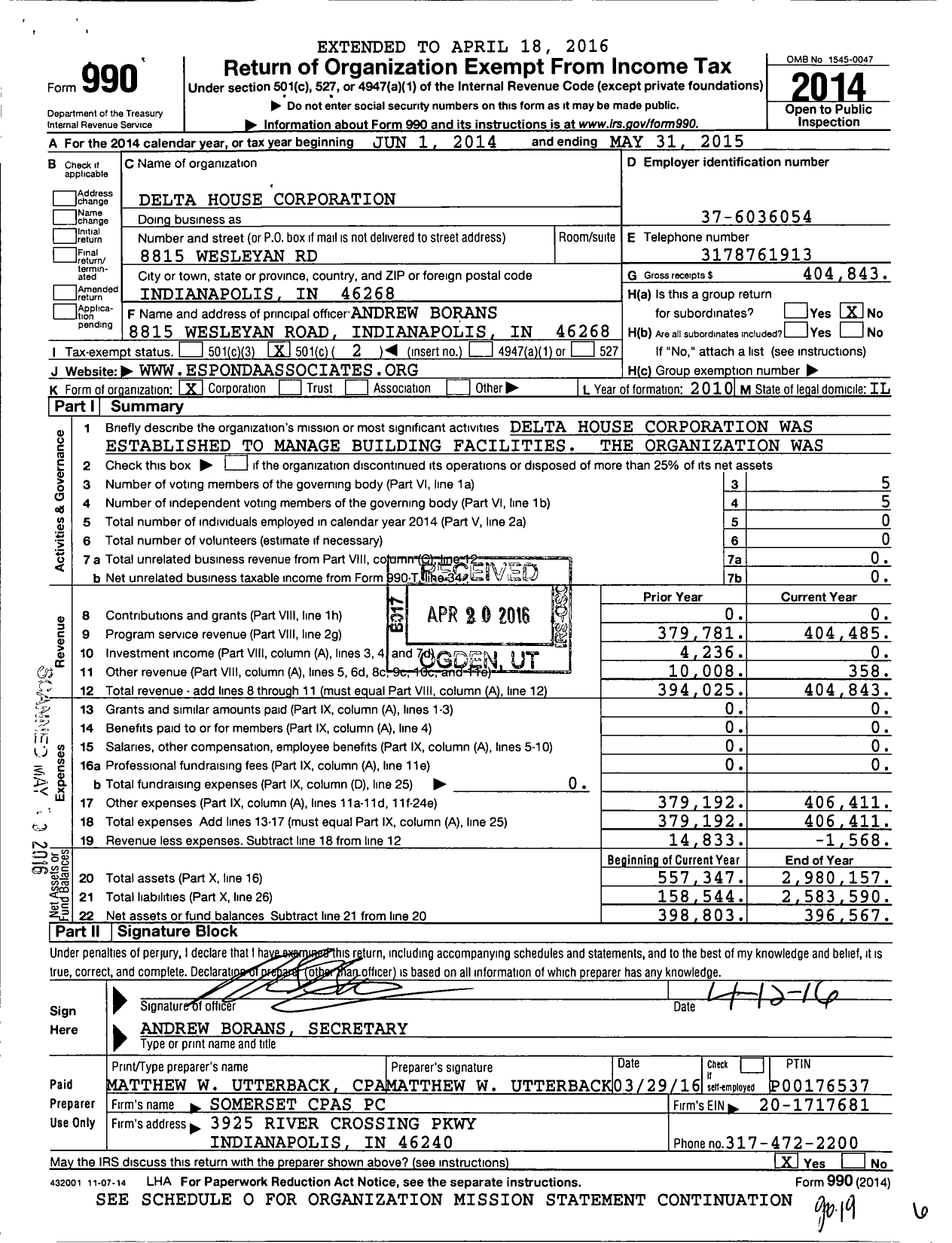 Image of first page of 2014 Form 990O for Delta House Corporation