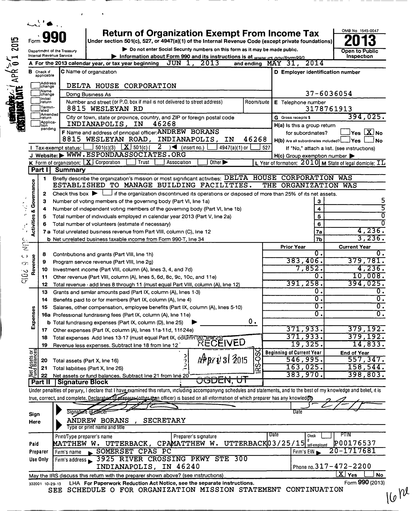 Image of first page of 2013 Form 990O for Delta House Corporation