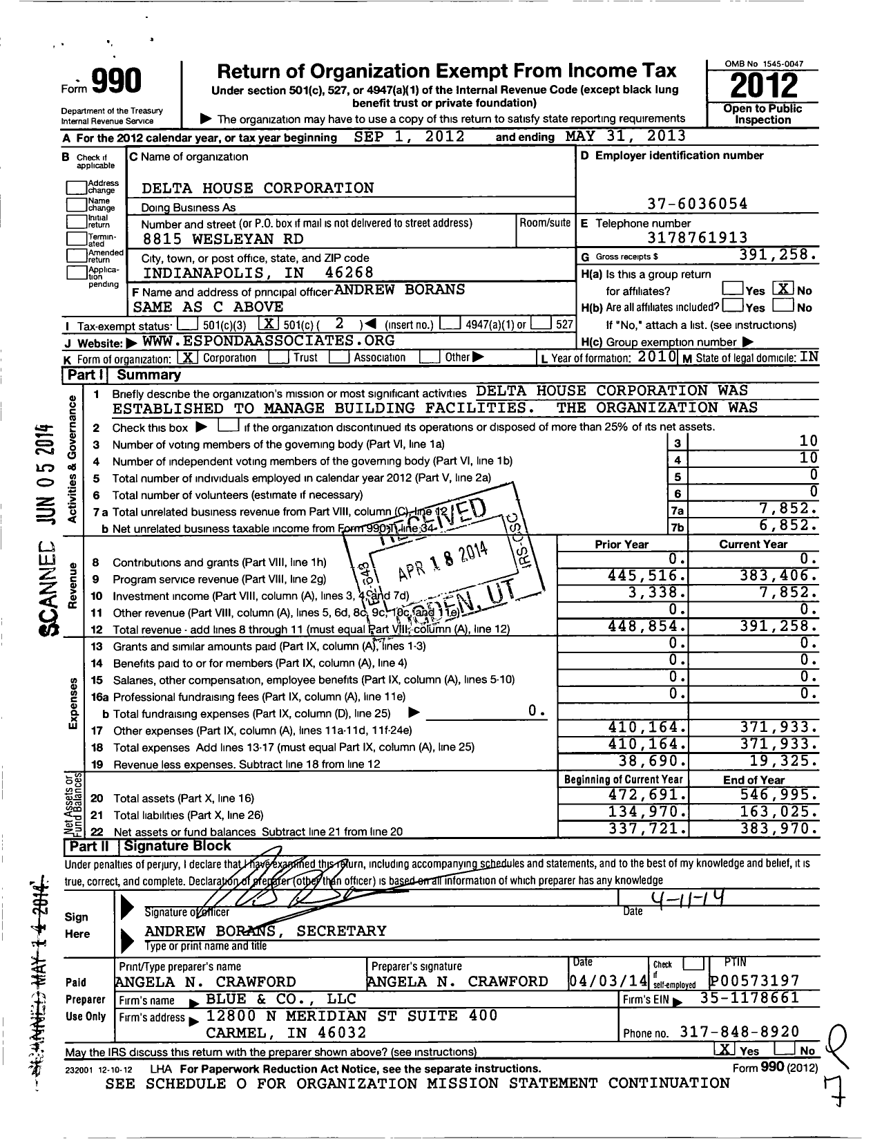 Image of first page of 2012 Form 990O for Delta House Corporation