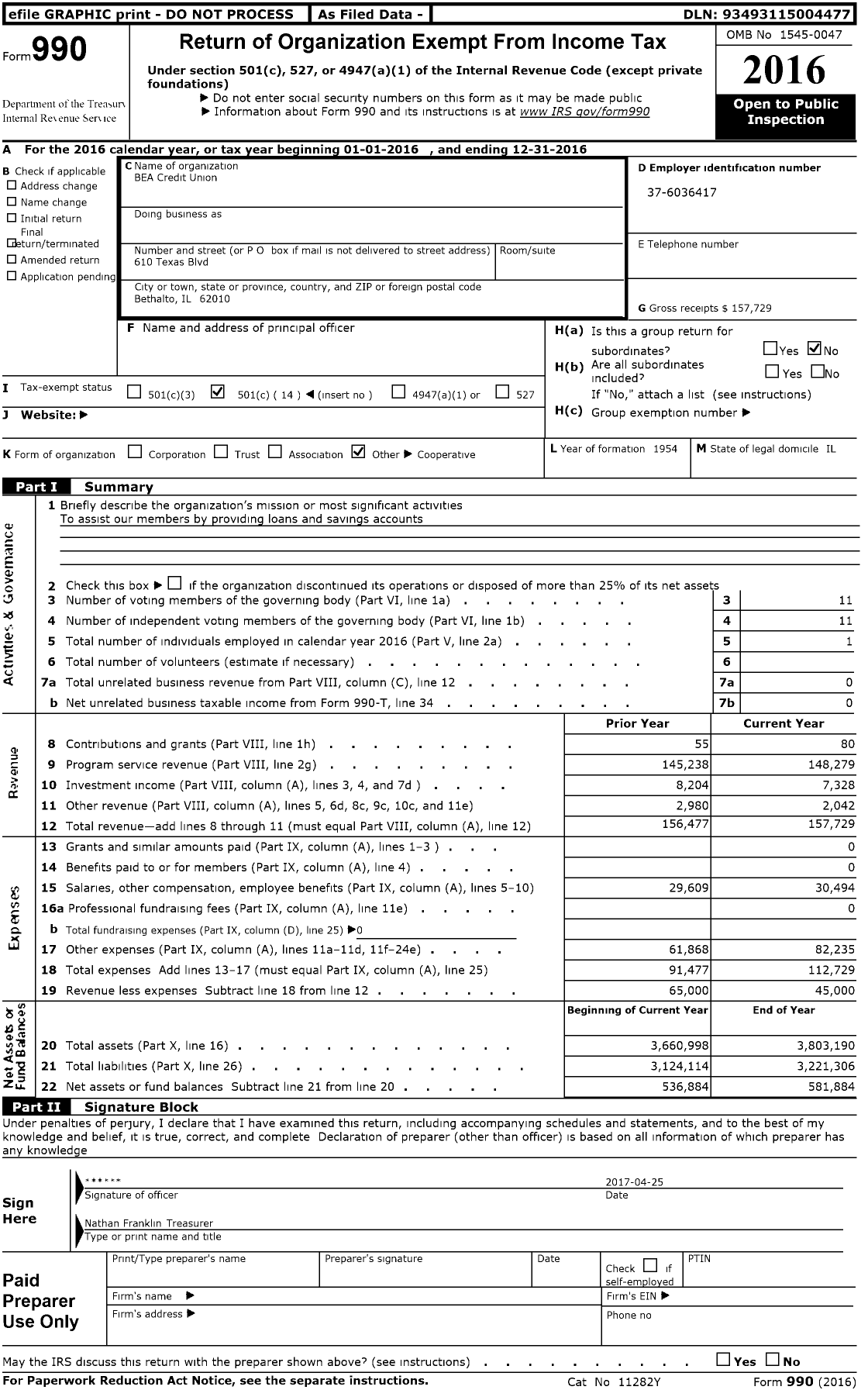 Image of first page of 2016 Form 990O for BEA Credit Union
